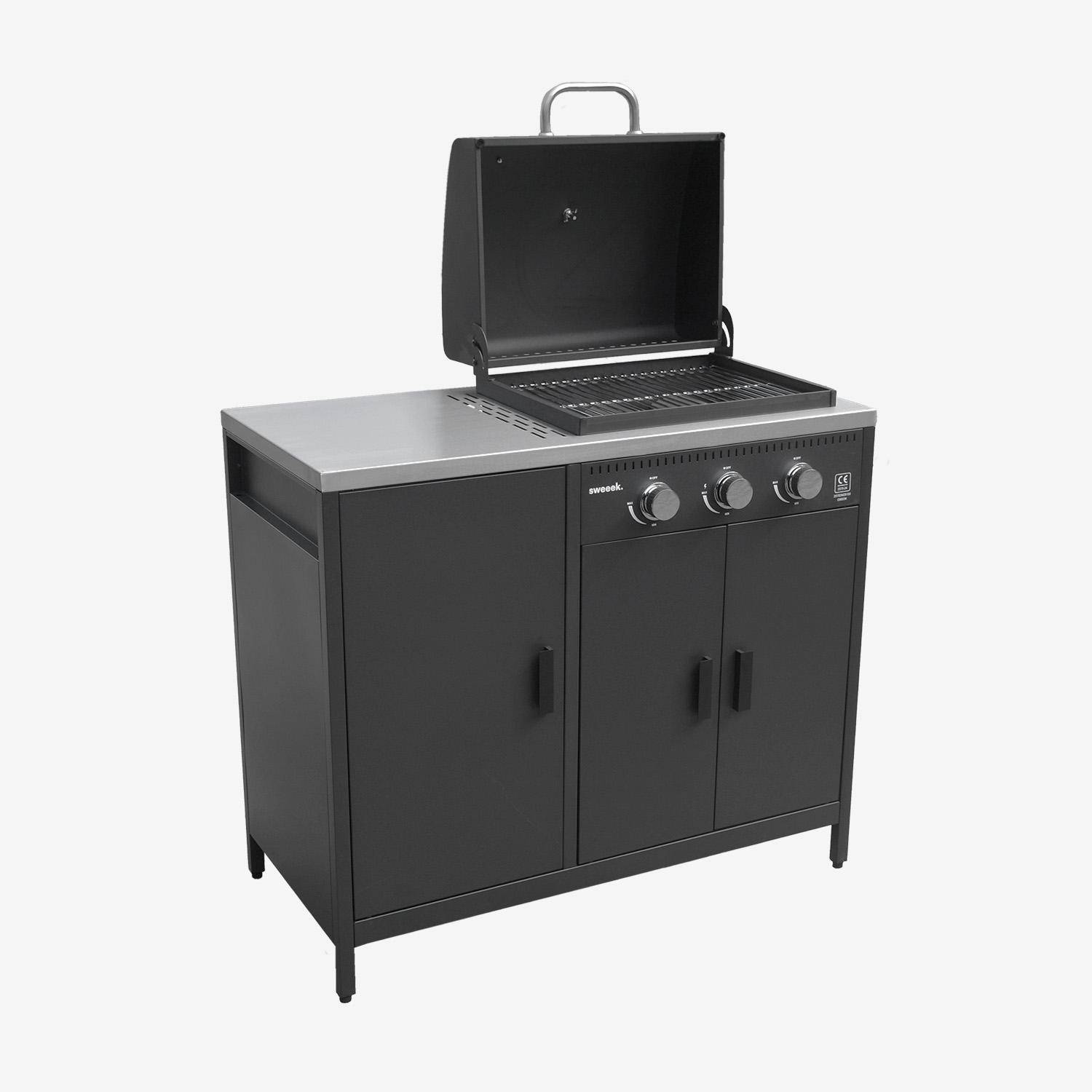 Cuisine extérieure Naxos 2 modules acier inoxydable noir barbecue gaz 3 brûleurs avec évier  Photo5