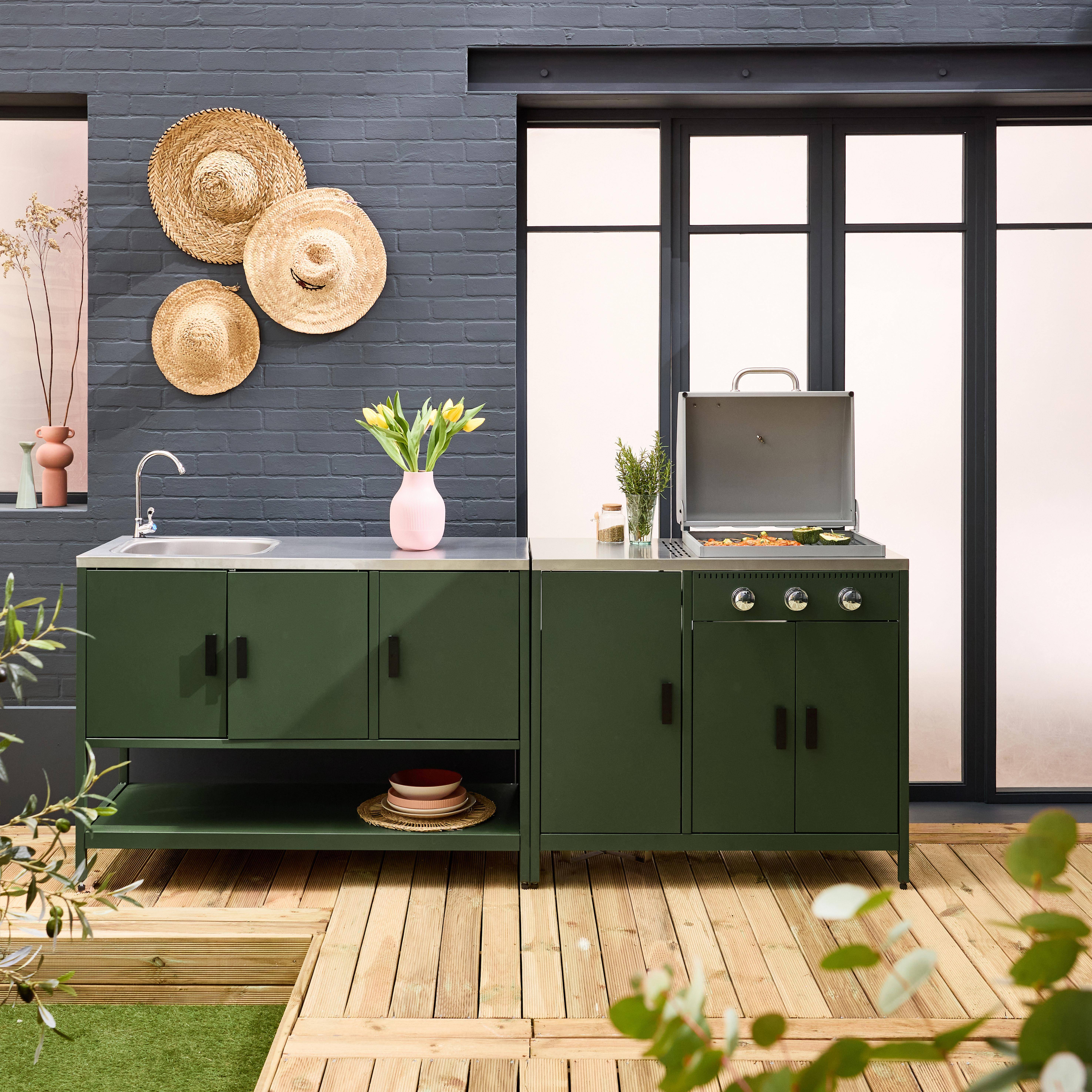 Cocina exterior acero inoxidable barbacoa gas 3 quemadores con fregadero, 2 módulos, Naxos, Verde, 100x51x87.5 cm,sweeek,Photo2