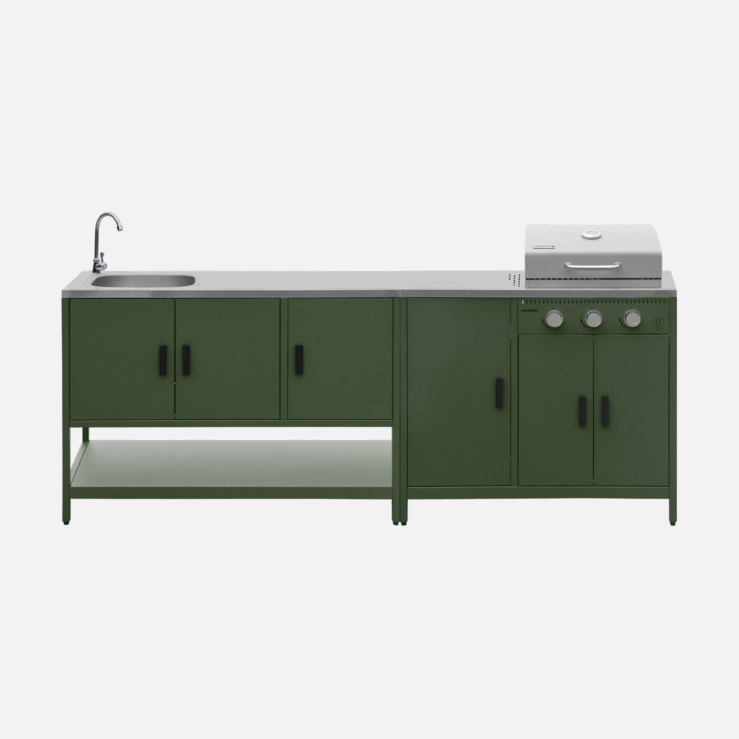 Cocina exterior acero inoxidable barbacoa gas 3 quemadores con fregadero, 2 módulos, Naxos, Verde, 100x51x87.5 cm,sweeek,Photo5