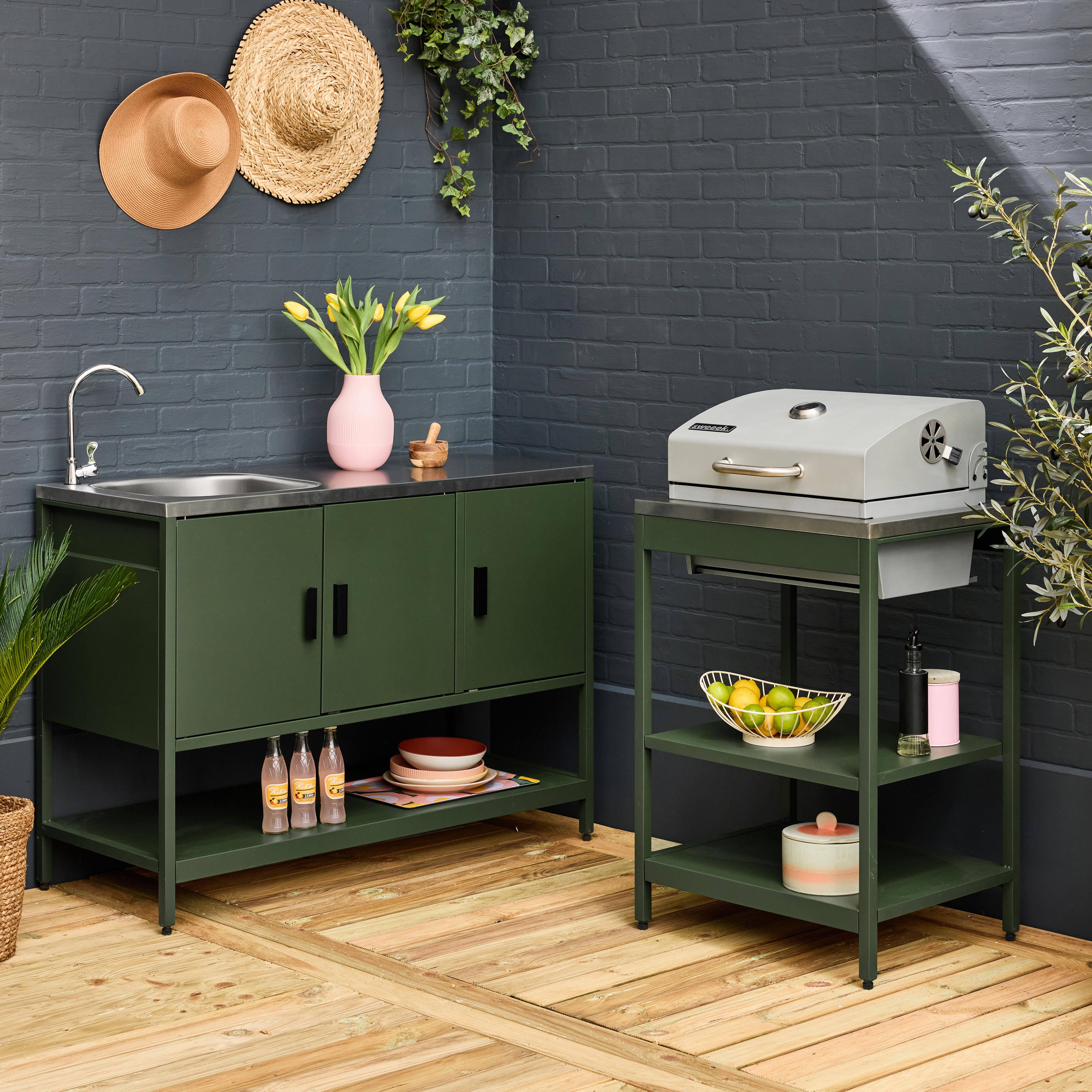 Buitenkeuken, Naxos, 2 modules, roestvrij staal, groen houtskool barbecue met gootsteen Photo1