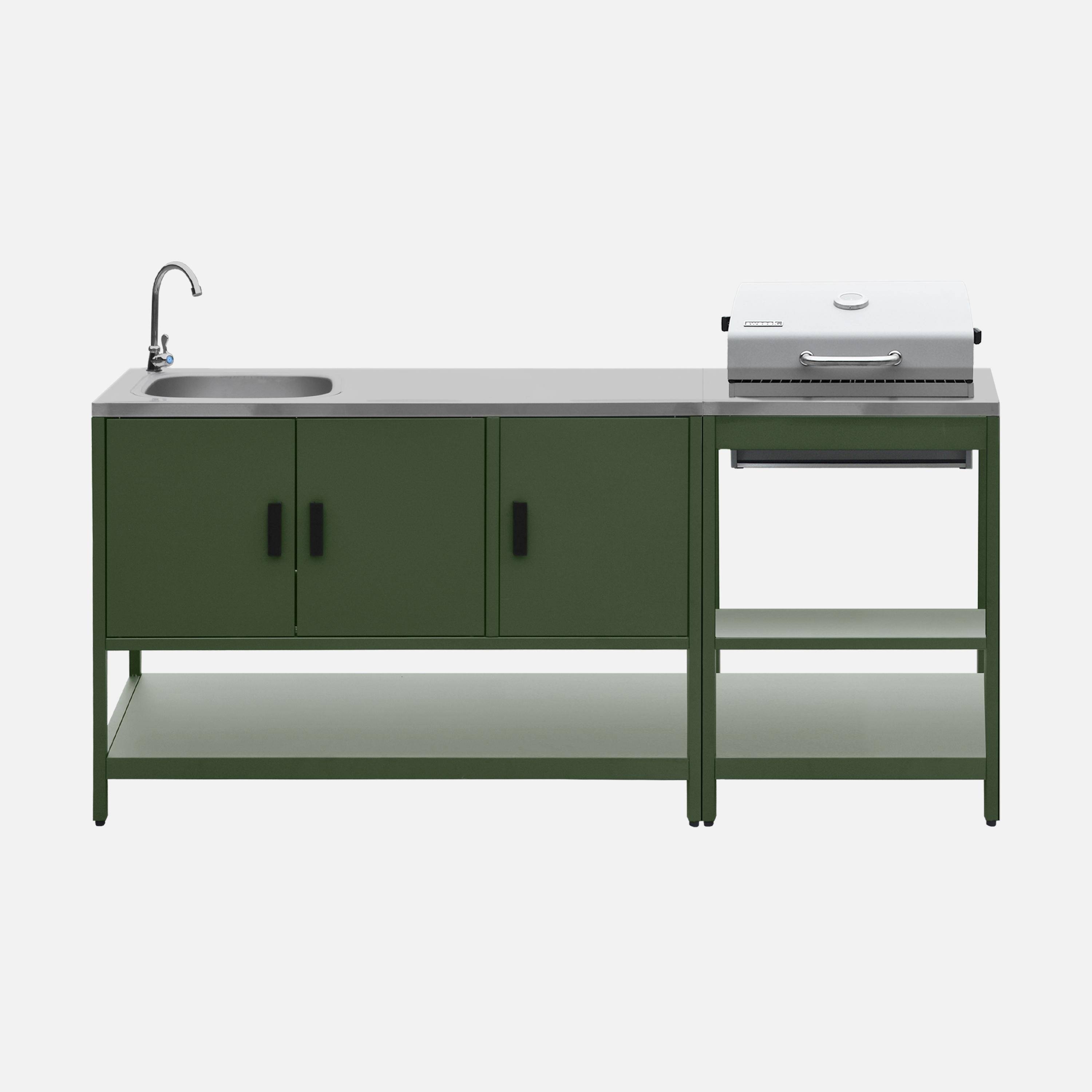 Buitenkeuken, Naxos, 2 modules, roestvrij staal, groen houtskool barbecue met gootsteen Photo3