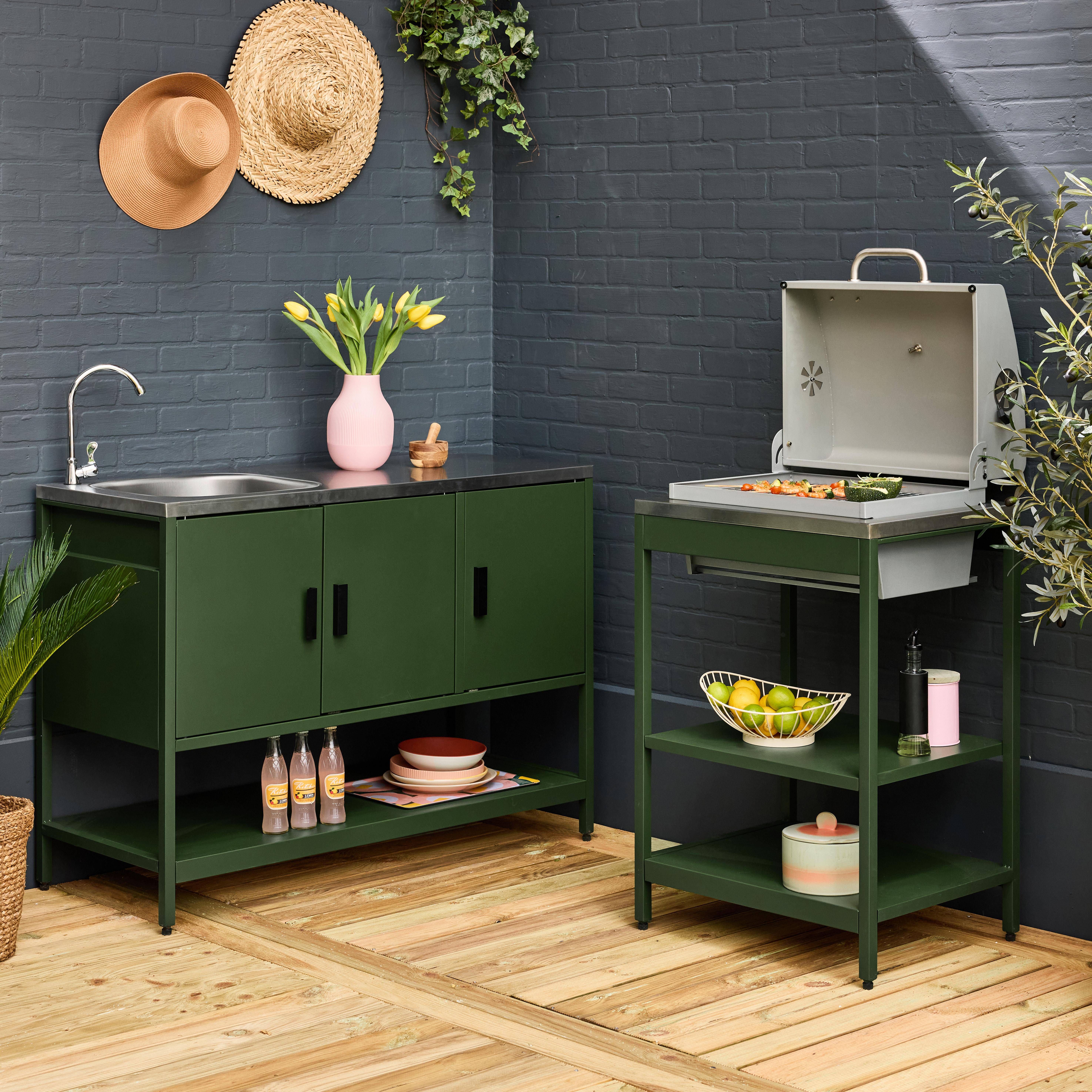 Buitenkeuken, Naxos, 2 modules, roestvrij staal, groen houtskool barbecue met gootsteen Photo2