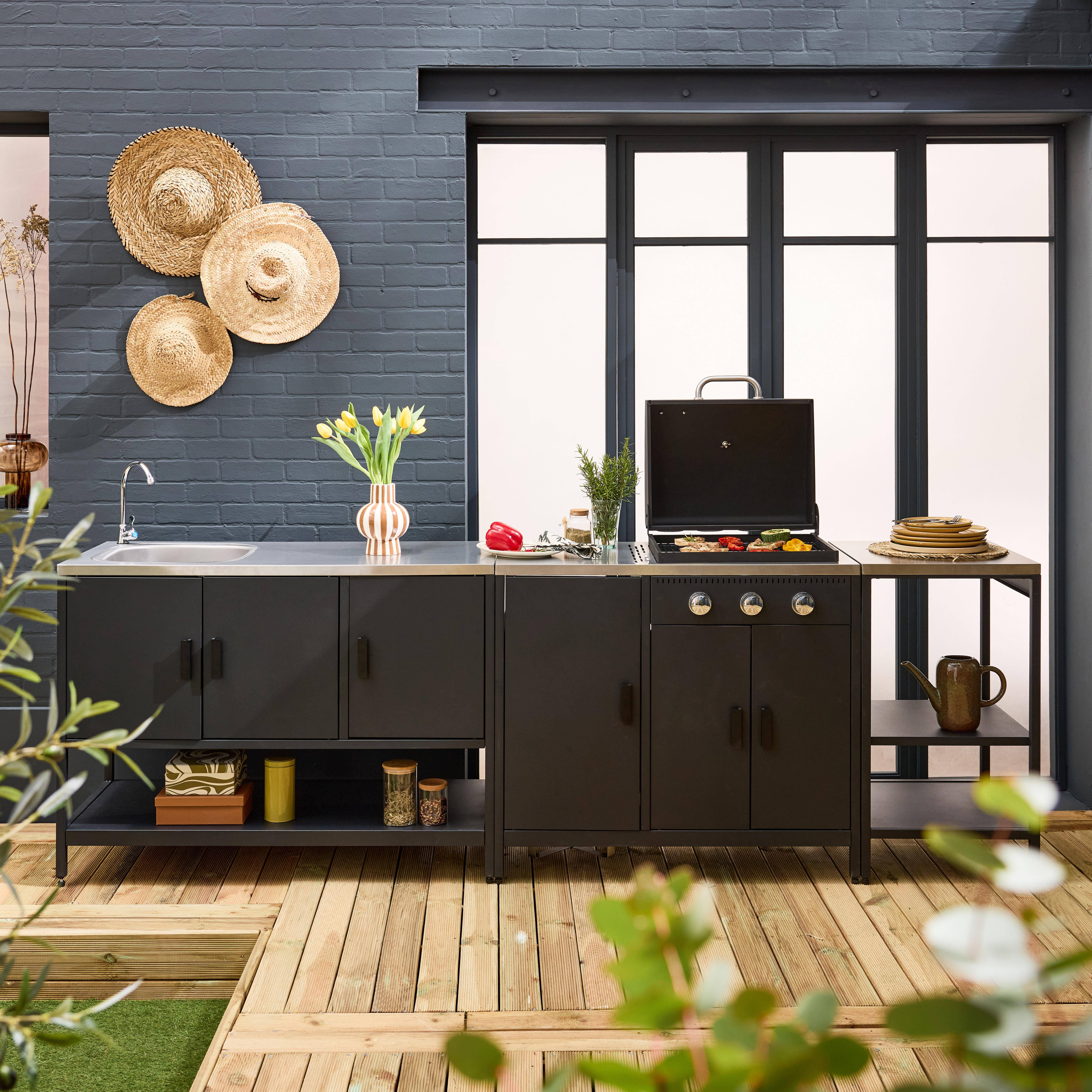 Cocina exterior 3 módulos acero inoxidable con barbacoa gas + 3 quemadores, Naxos, Negro, 100x51x87.5 cm,sweeek,Photo2