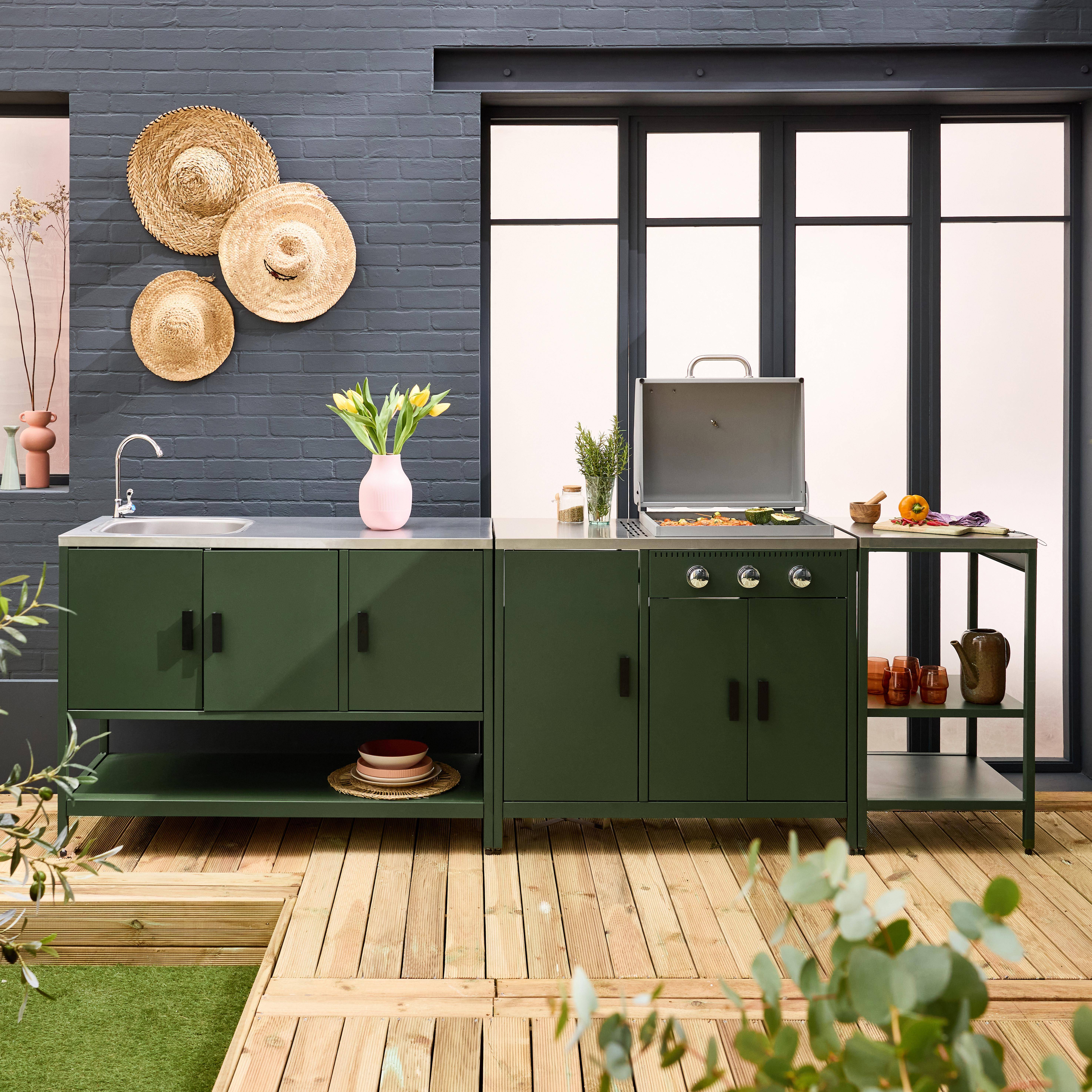 Cocina exterior 3 módulos acero inoxidable con barbacoa gas + 3 quemadores, Naxos, Verde, 100x51x87.5 cm Photo2