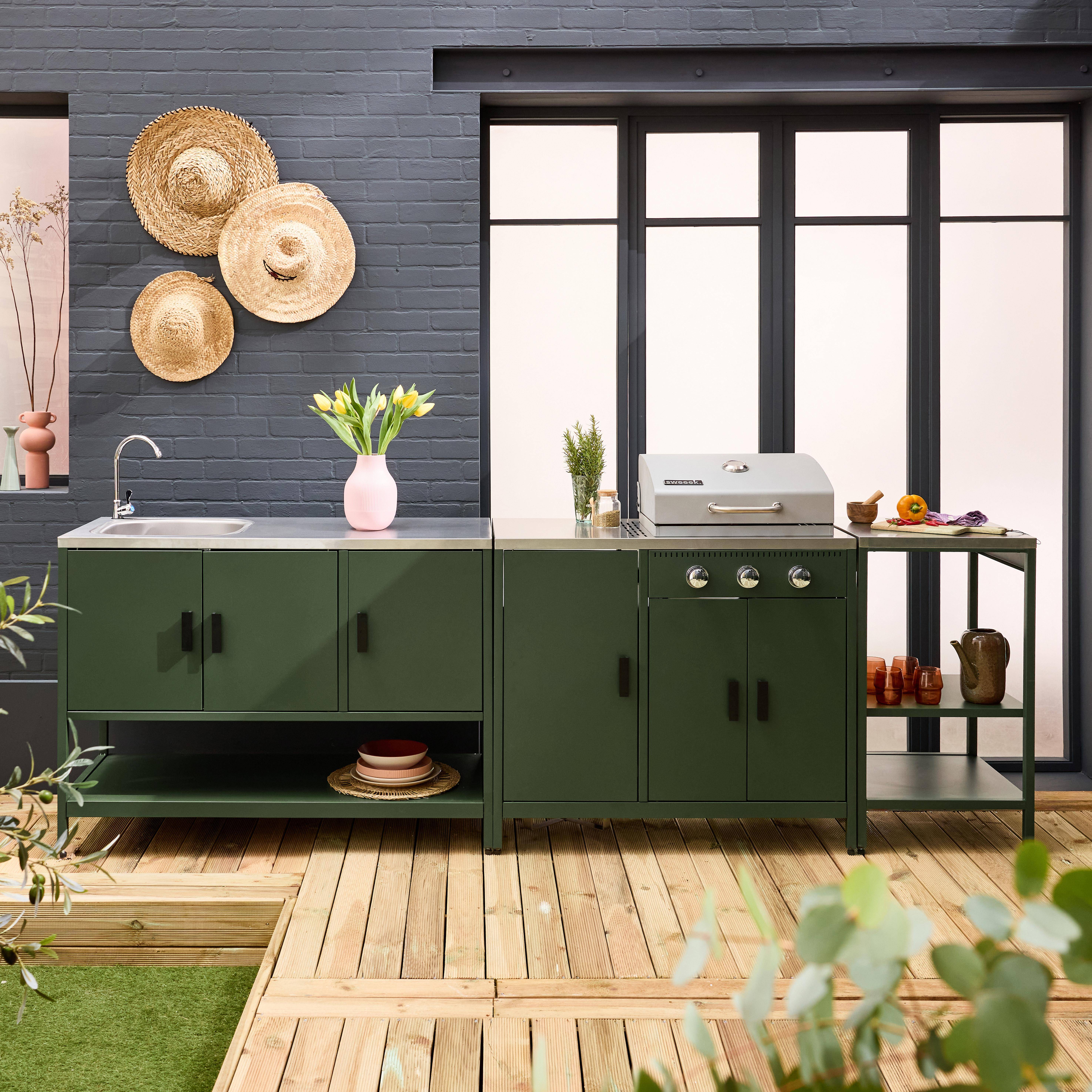 Cocina exterior 3 módulos acero inoxidable con barbacoa gas + 3 quemadores, Naxos, Verde, 100x51x87.5 cm Photo1