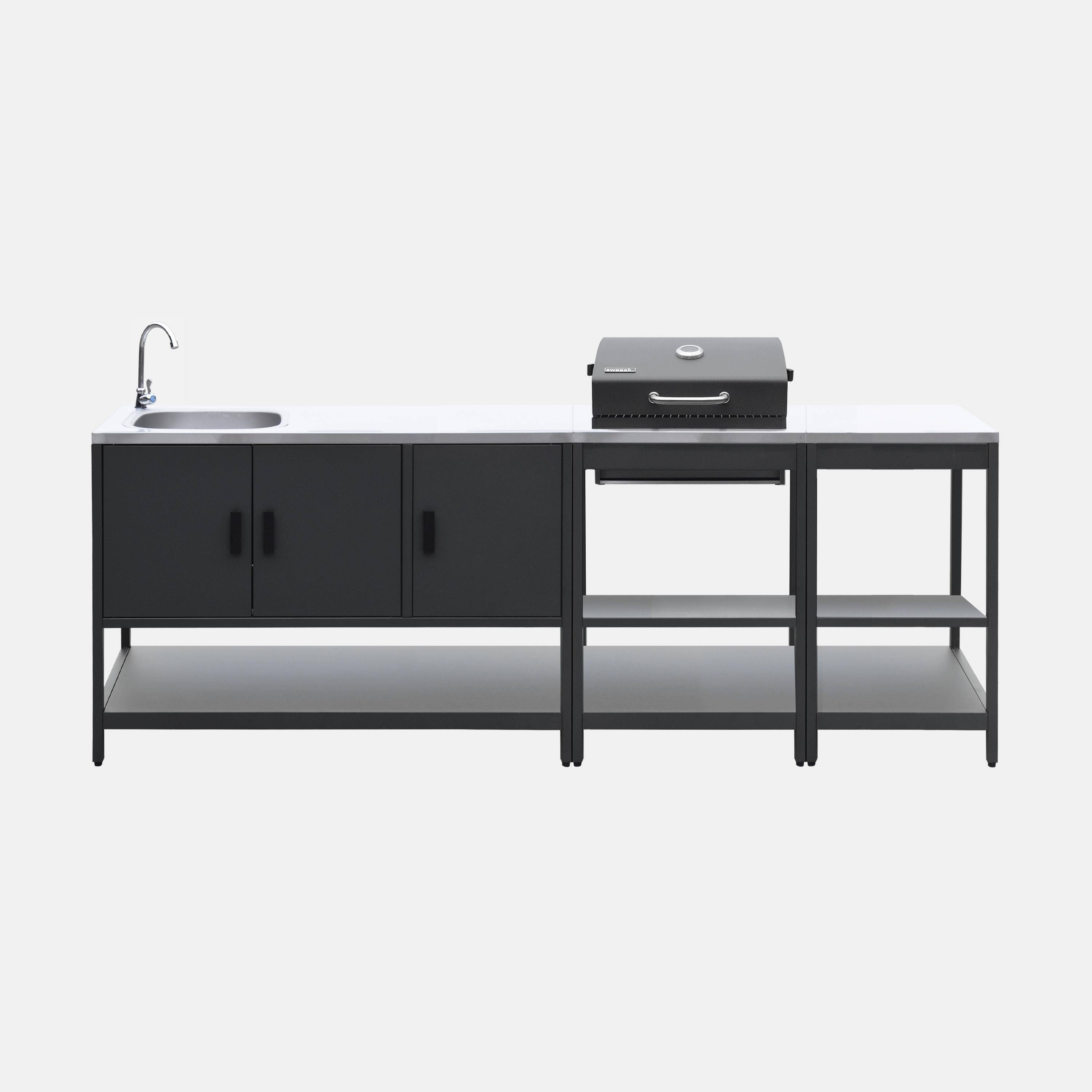 Buitenkeuken 3 modules roestvrij staal met zwarte houtskoolbarbecue Naxos Photo6