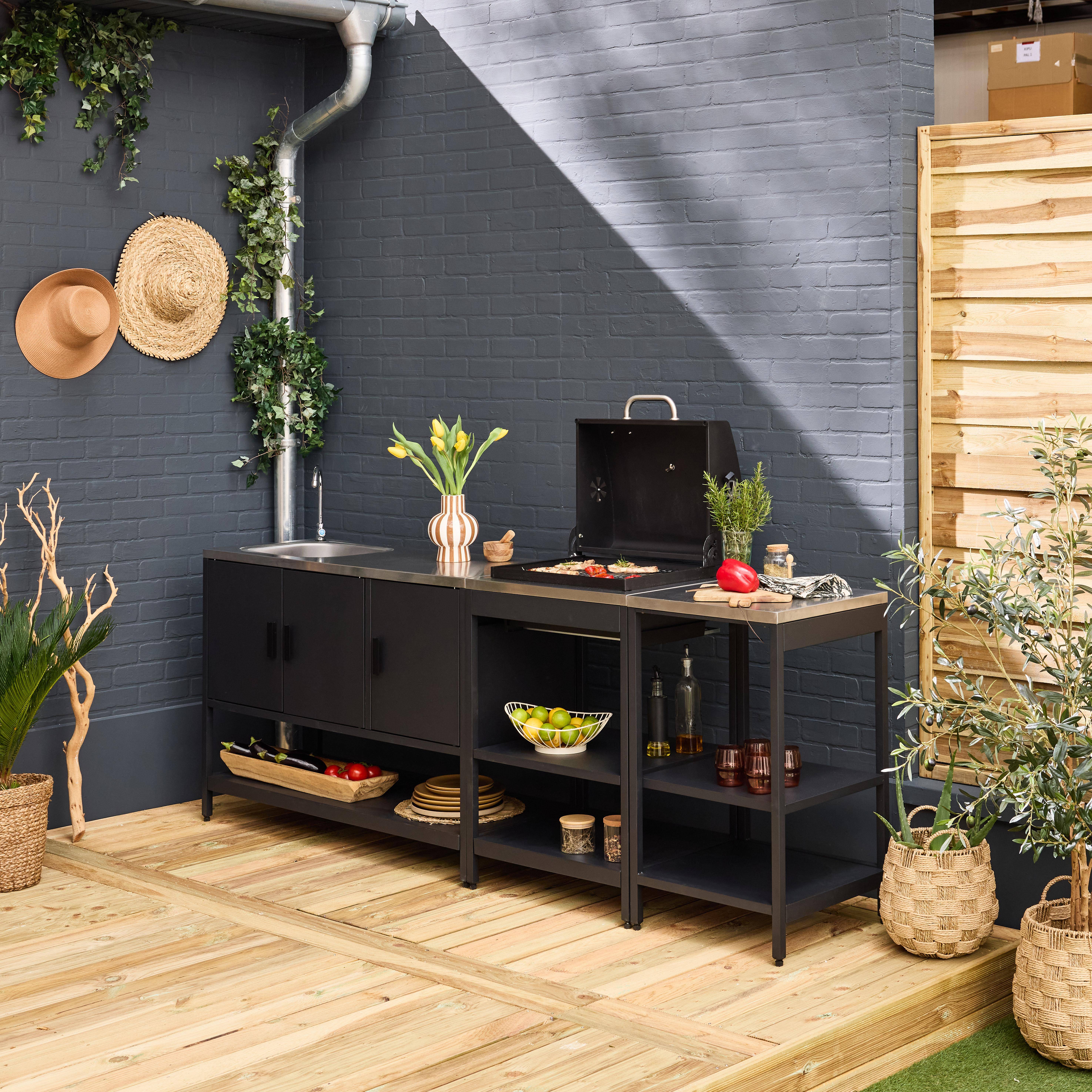 Buitenkeuken 3 modules roestvrij staal met zwarte houtskoolbarbecue Naxos Photo1