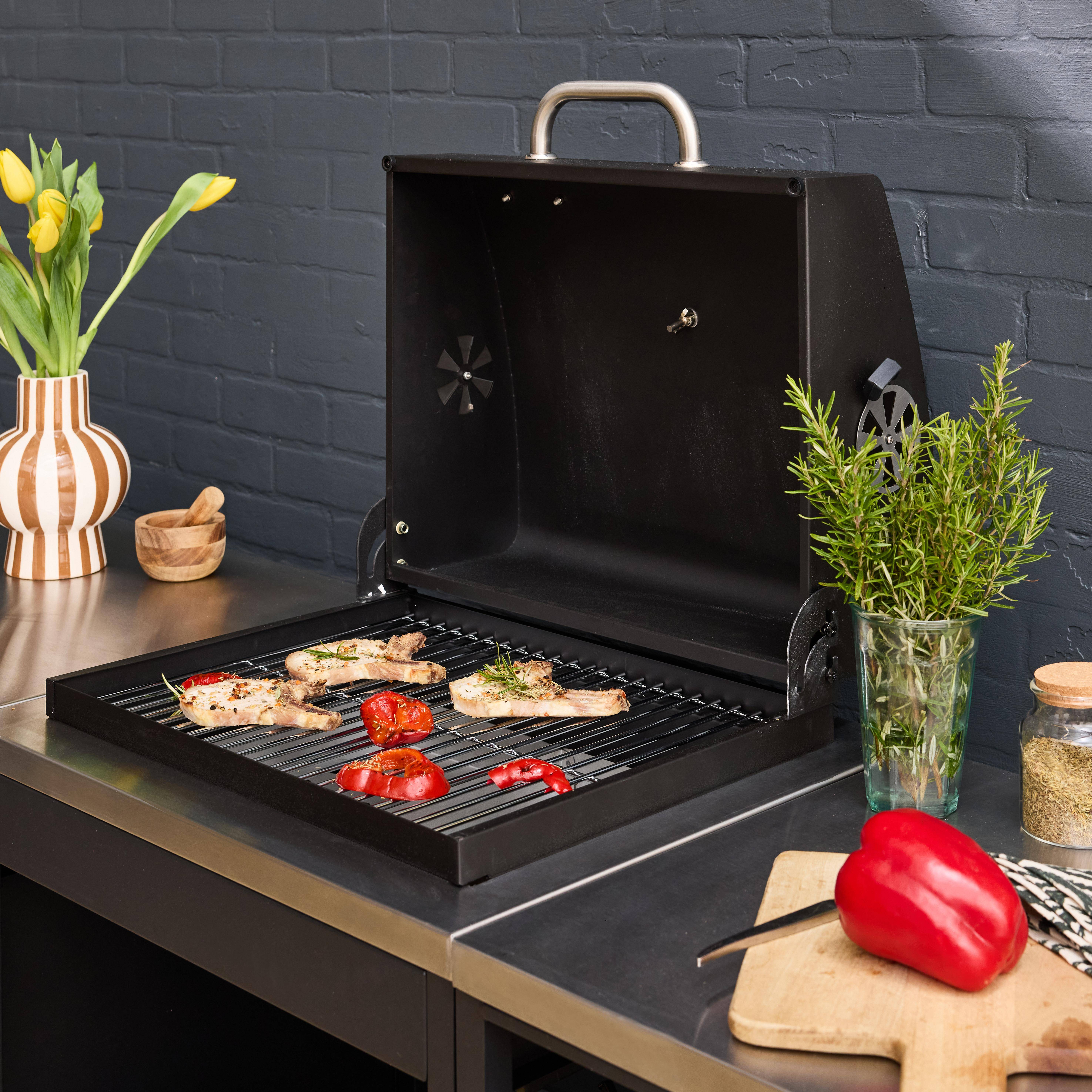 Buitenkeuken 3 modules roestvrij staal met zwarte houtskoolbarbecue Naxos Photo3