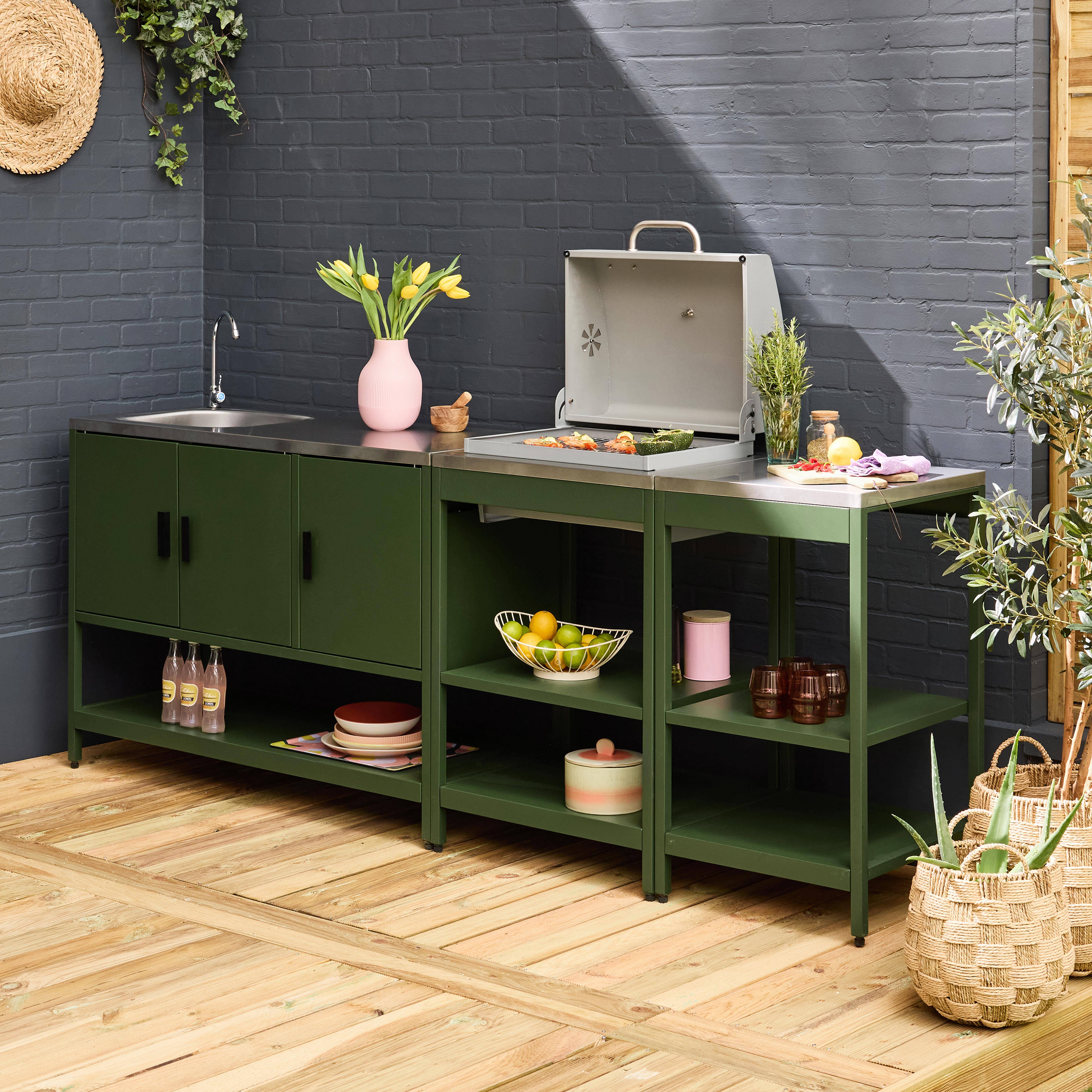 Buitenkeuken 3 modules roestvrij staal met houtskool barbecue groen Naxos Photo1