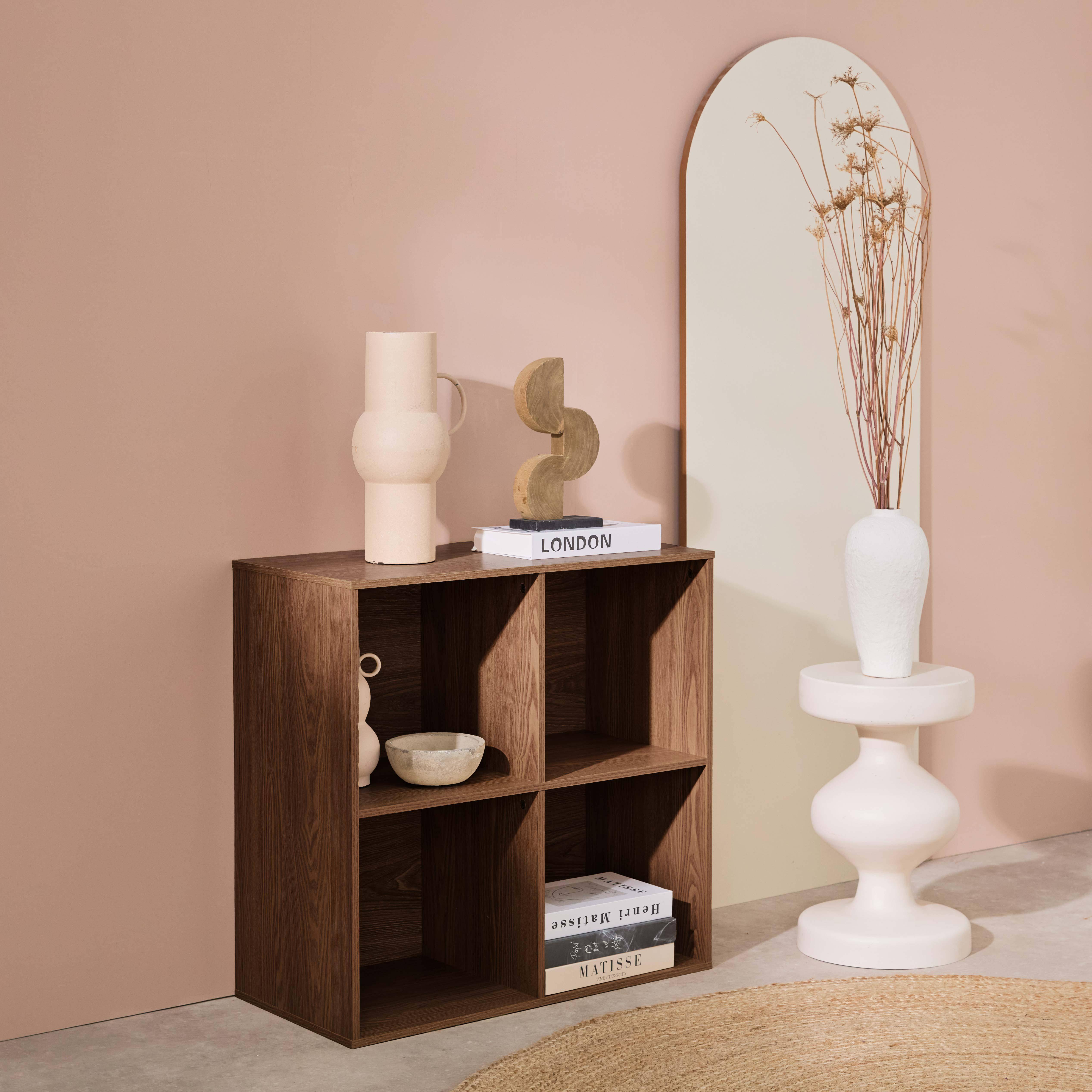 Etagère, bibliothèque, module de rangement décor bois noyer 4 compartiments L 70 x P 35 x H 70cm - Kompo,sweeek,Photo2