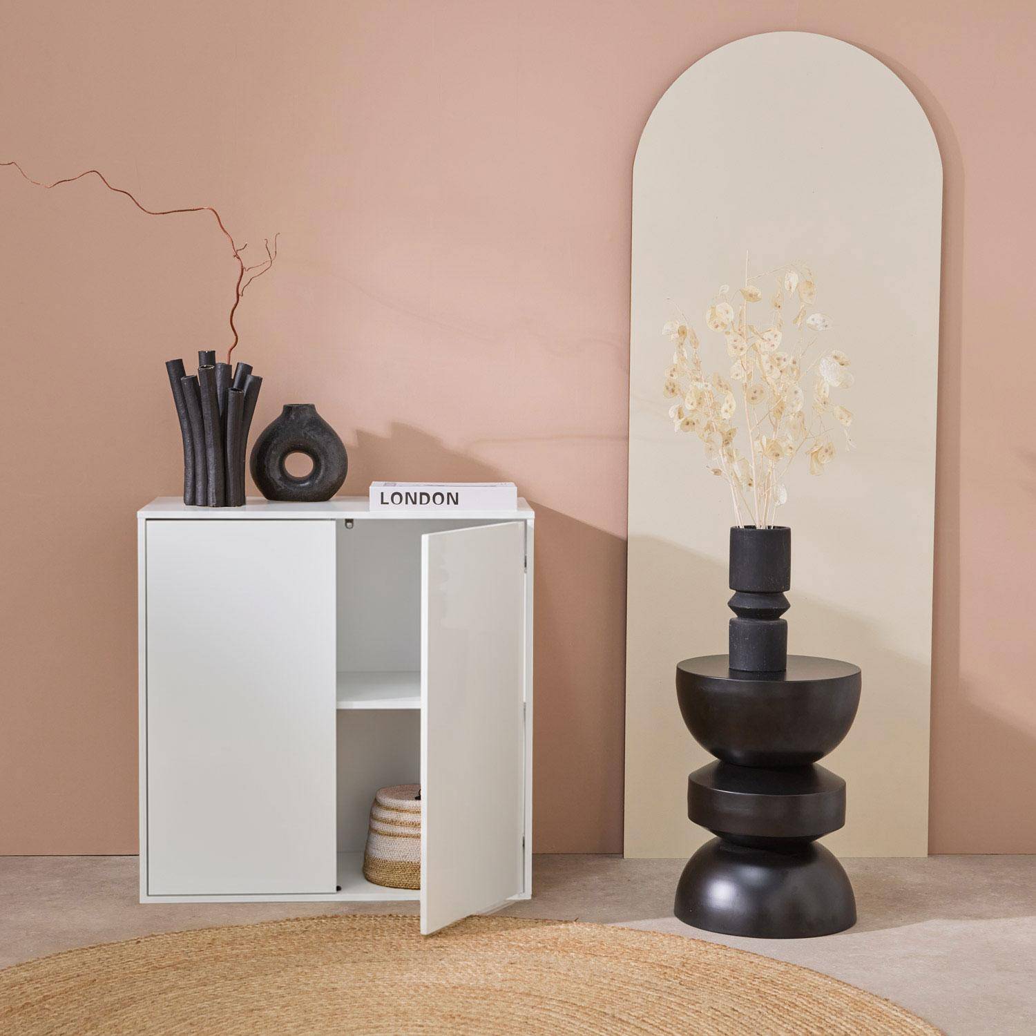 Buffet, module de rangement blanc décor bois 2 portes L 70 x P 35 x H 70 cm - Kompo Photo2