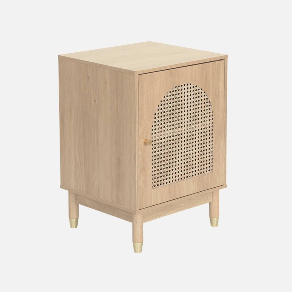 Mesita de noche efecto madera y mimbre con 1 puerta, Natural