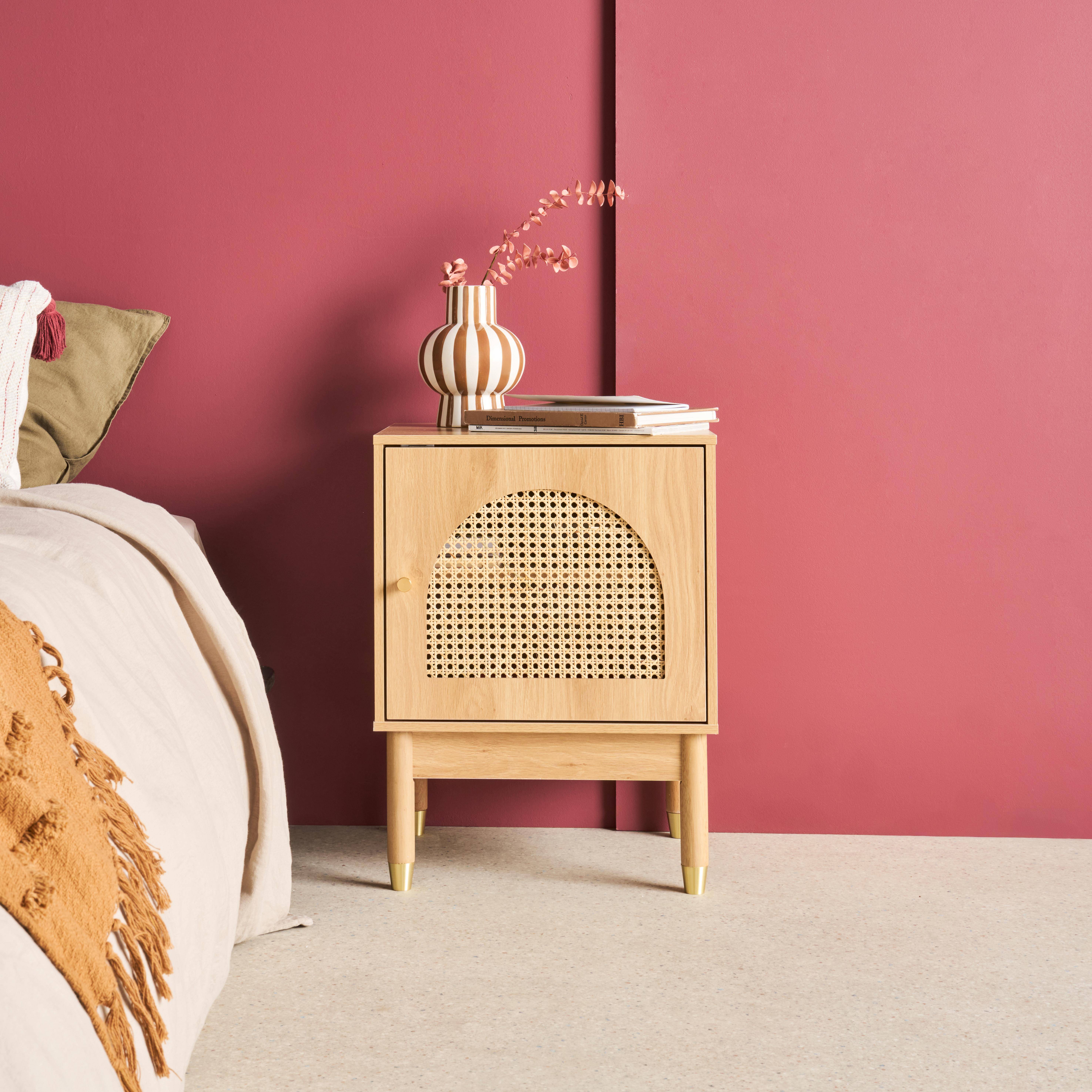 Nachtkastje boheemse stijl houteffect en natuurlijk vlechtwerk 1 deur 45 x 40 x 60 cm - Judith Photo1