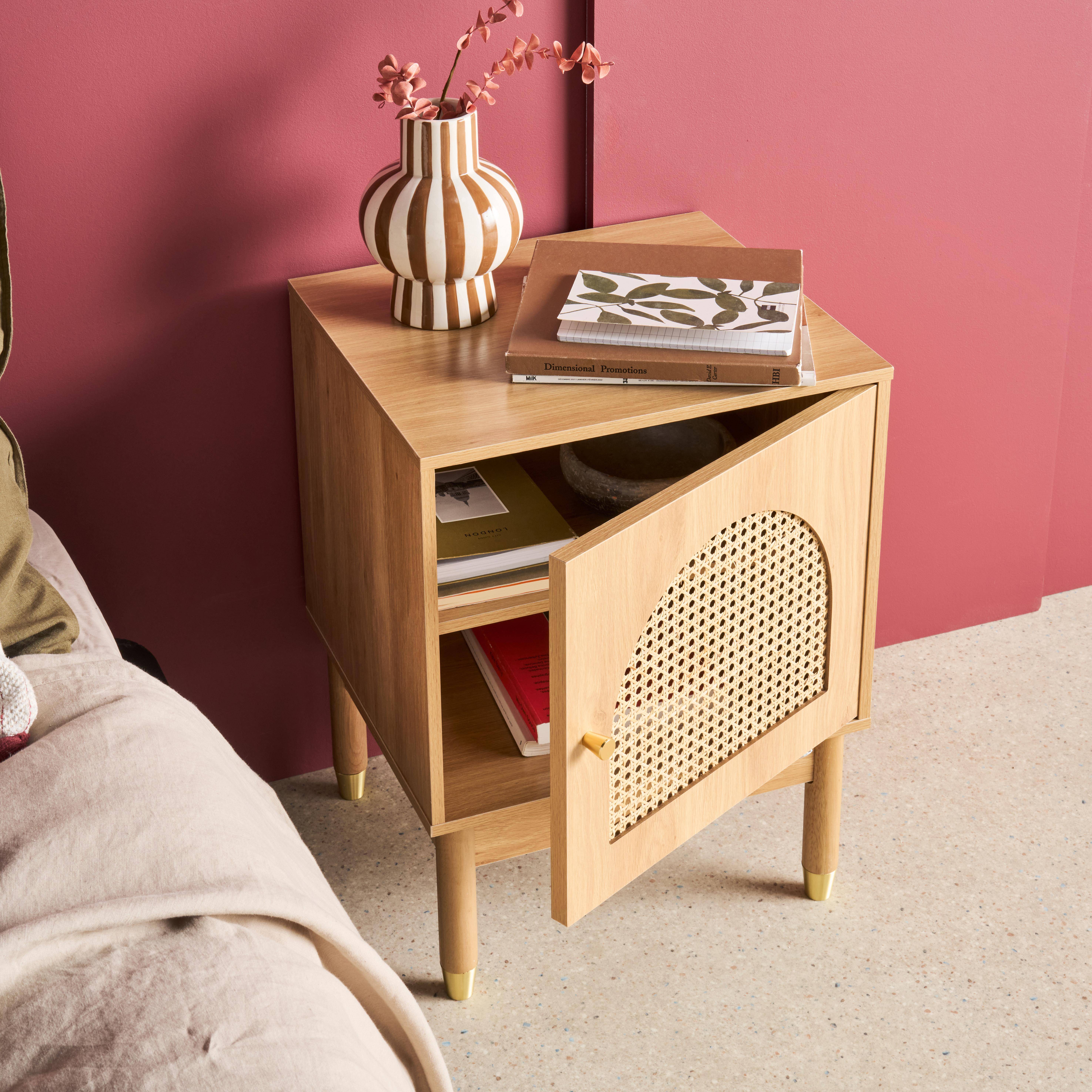 Nachtkastje boheemse stijl houteffect en natuurlijk vlechtwerk 1 deur 45 x 40 x 60 cm - Judith Photo2