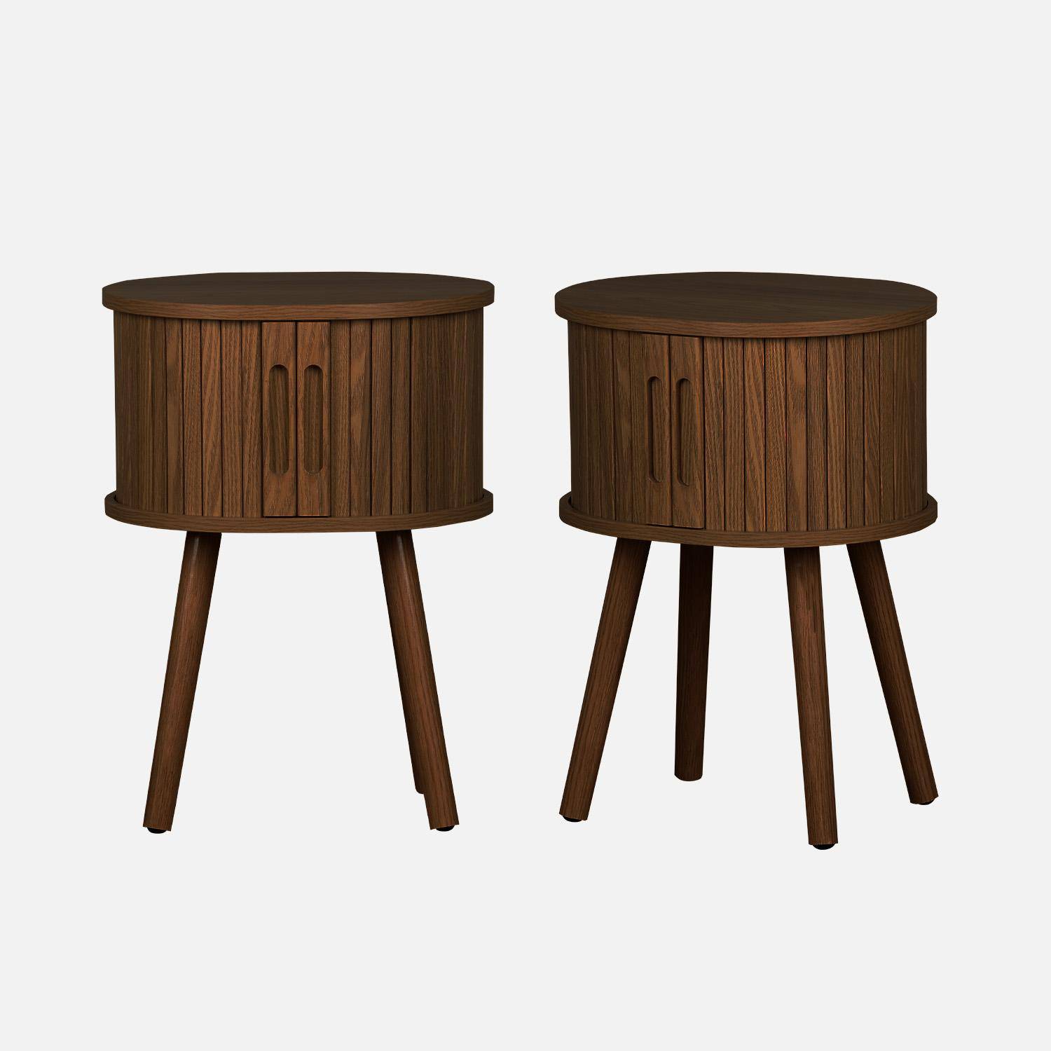 Lot de 2 tables de chevet ovale 2 portes coulissantes poignées creusées, effet bois rainuré, L40 x l34 x H54,8cm,sweeek,Photo3