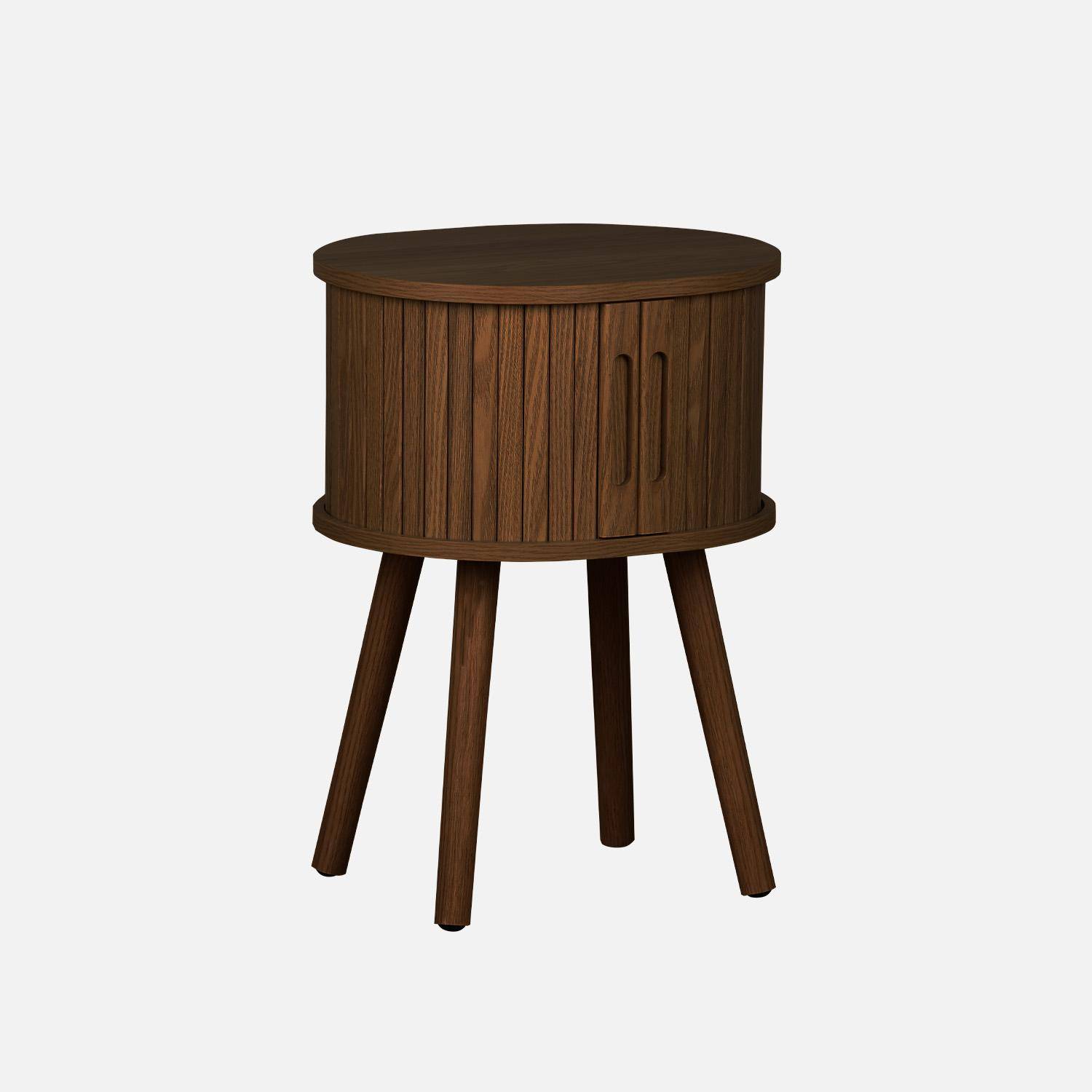 Table de chevet ovale 2 portes coulissantes poignées creusées, effet bois rainuré, L40 x l34 x H54,8cm,sweeek,Photo3