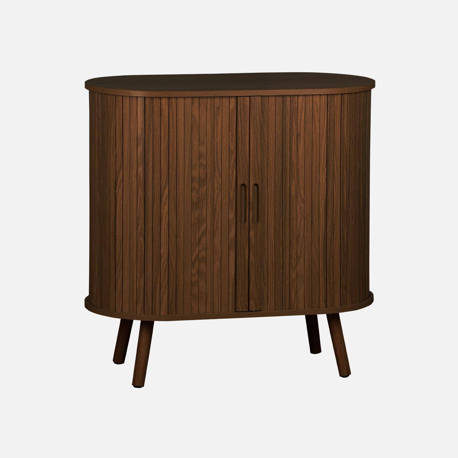 Buffet portes 2 coulissantes avec étagère, décor bois rainuré, buffet bas, L 80 x P 40 x H 80cm,sweeek,Photo6