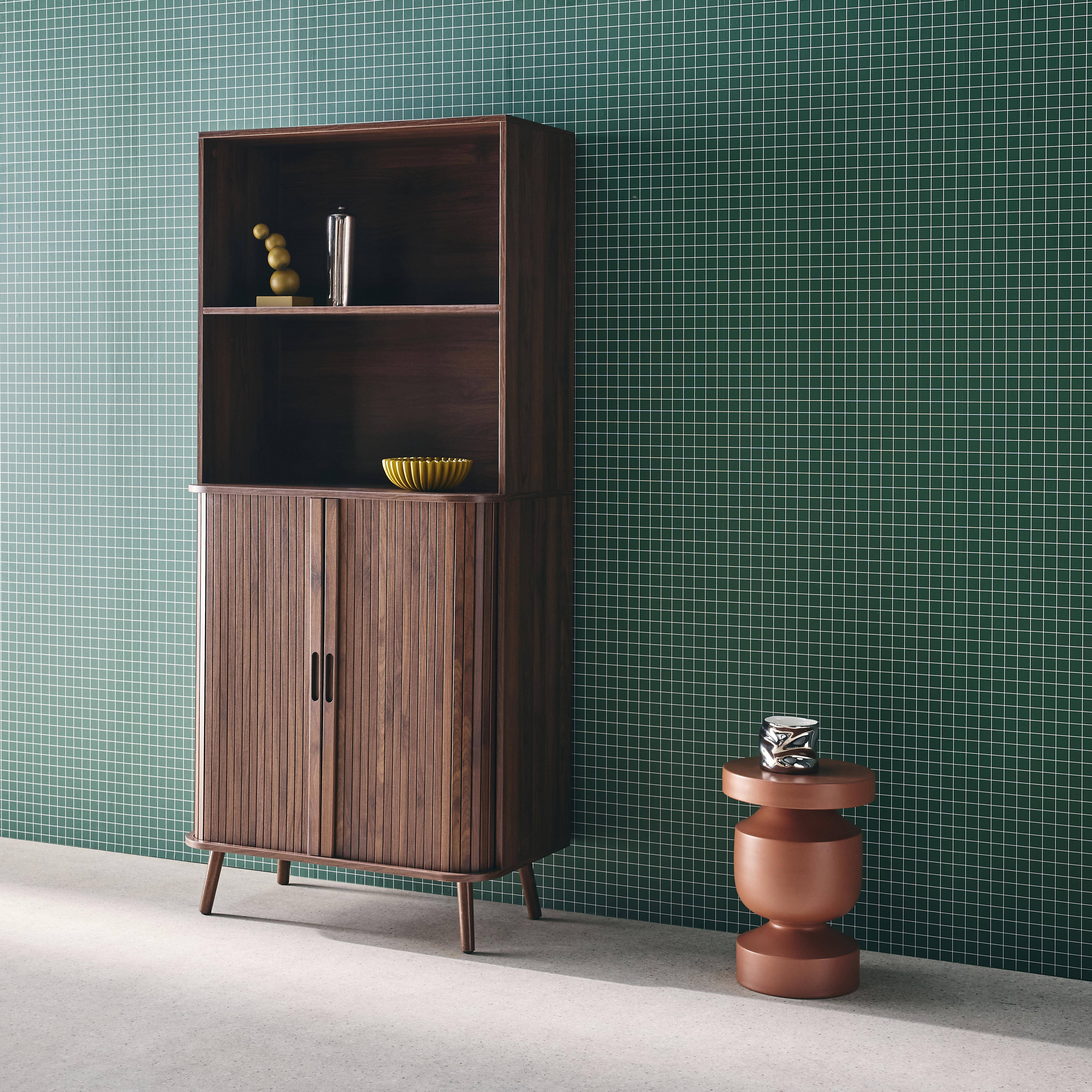 Boekenkast gegroefd houteffect 2 schuifdeuren 4 niveaus walnoot L 80 x B 45 x H 180cm - Legacy,sweeek,Photo3