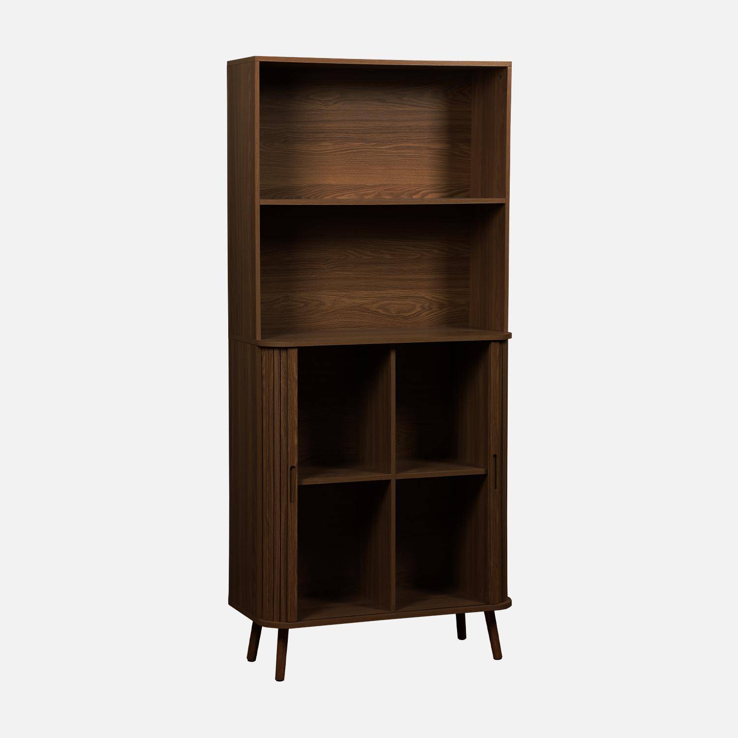 Estante biblioteca decoração madeira estriada 2 portas deslizantes 4 níveis, Legacy, Madeira de nogueira, 80x45x180 cm,sweeek,Photo3
