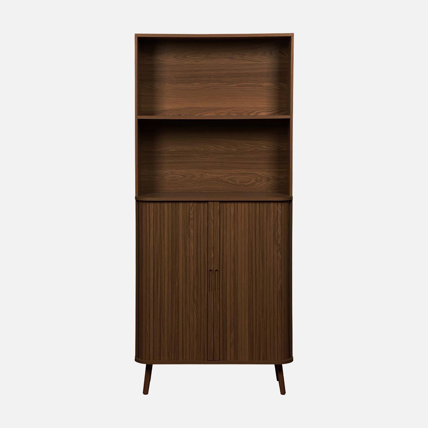 Estante biblioteca decoração madeira estriada 2 portas deslizantes 4 níveis, Legacy, Madeira de nogueira, 80x45x180 cm,sweeek,Photo2