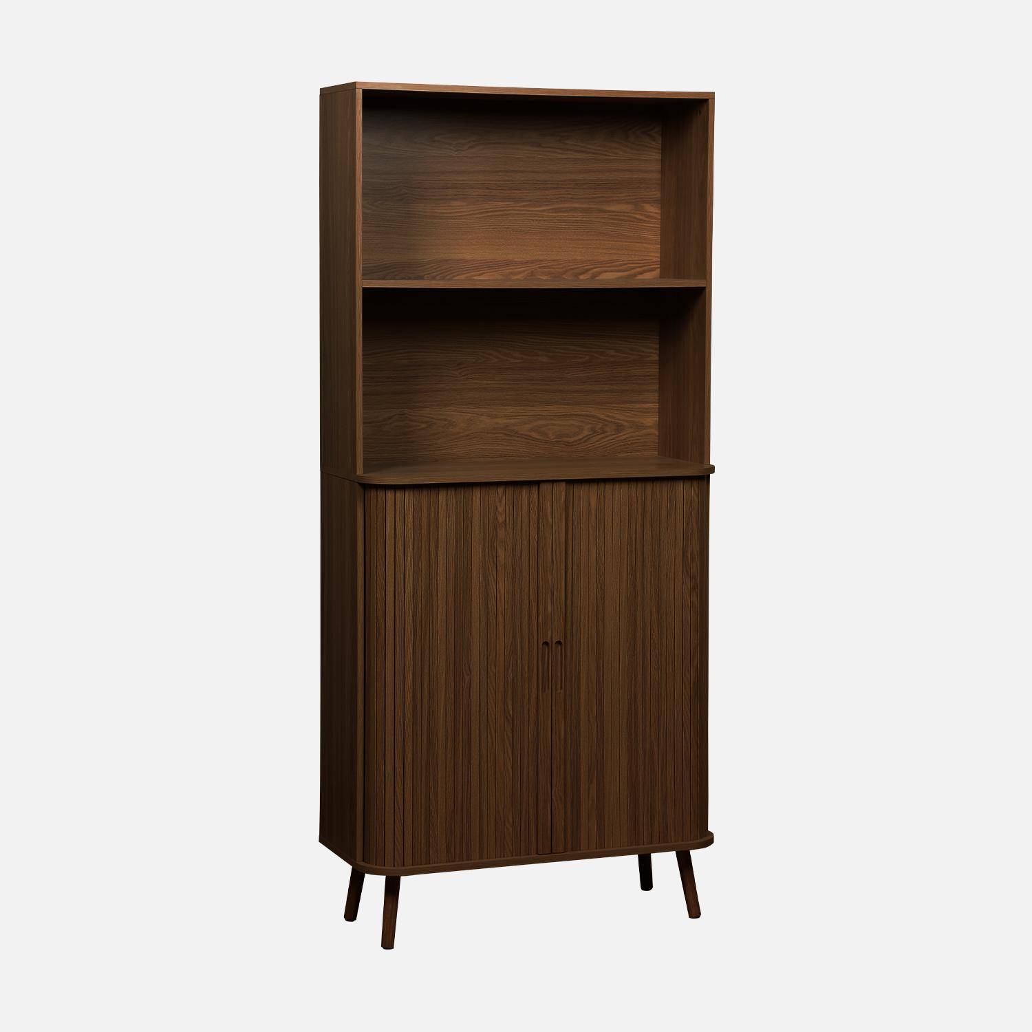 Regał skandynawski ryflowany, 2 drzwi przesuwne, 4 poziomy, kolor ciemnego drewna, szer. 80 x gł. 45 x wys. 180 cm,sweeek,Photo6