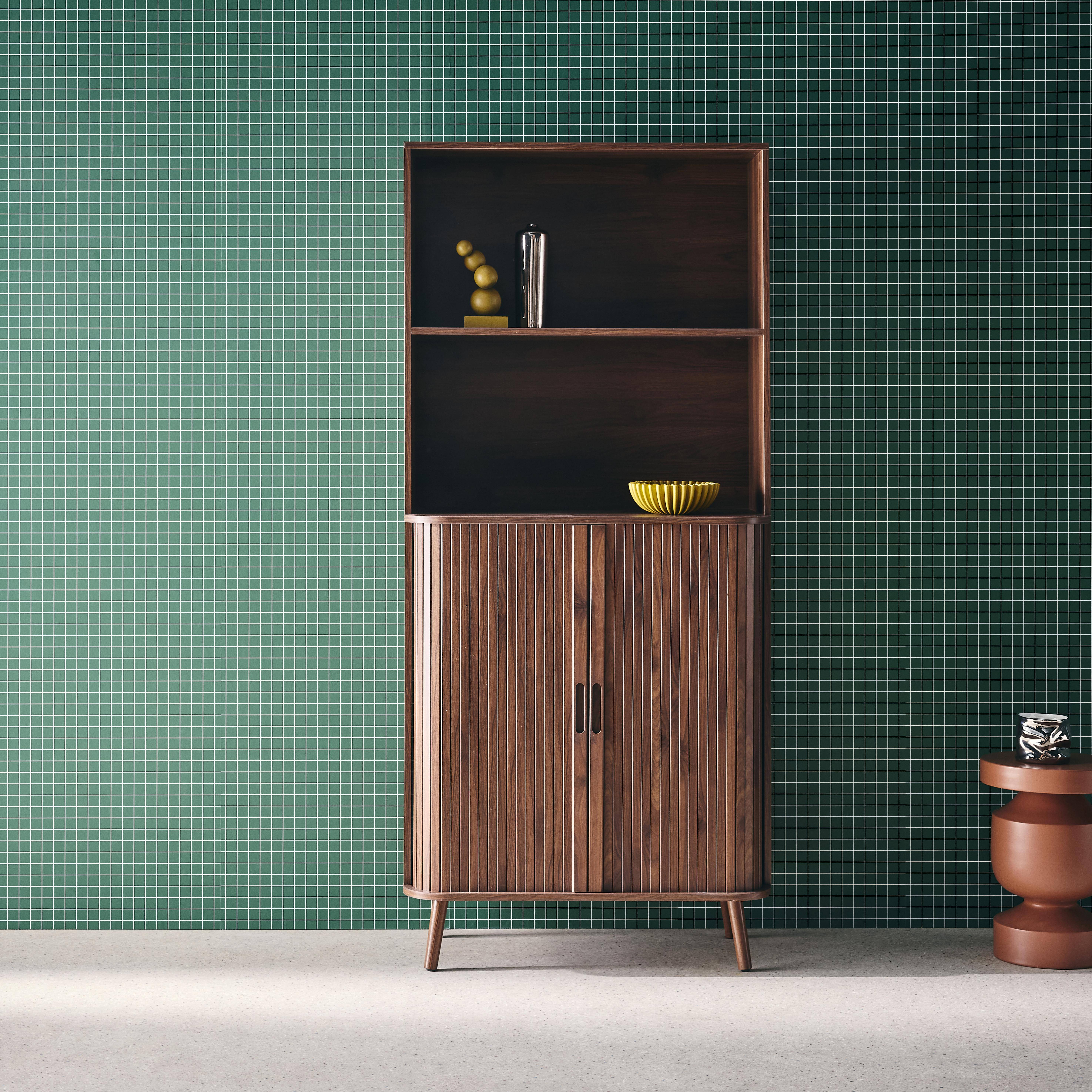 Boekenkast gegroefd houteffect 2 schuifdeuren 4 niveaus walnoot L 80 x B 45 x H 180cm - Legacy,sweeek,Photo1