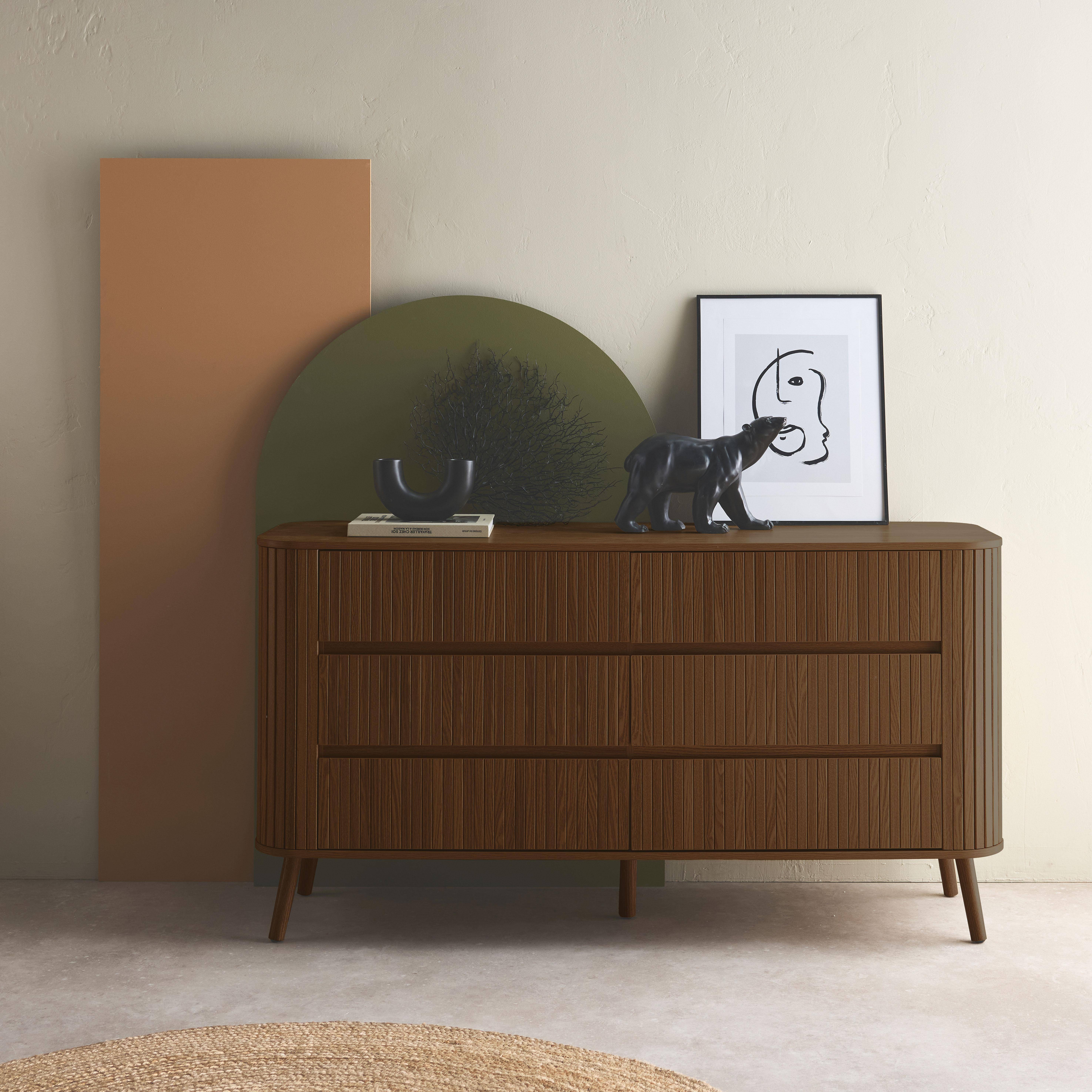 Commode 6 tiroirs, décor strié noyer, L 150 x P 45  H 80cm,sweeek,Photo1