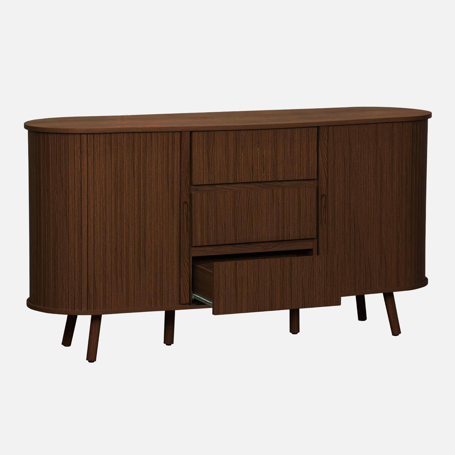 Aparador escandinavo efecto madera ranurada 2 puertas correderas 150cm, Legacy, Madera de nogal, 150x40x79 cm Photo3