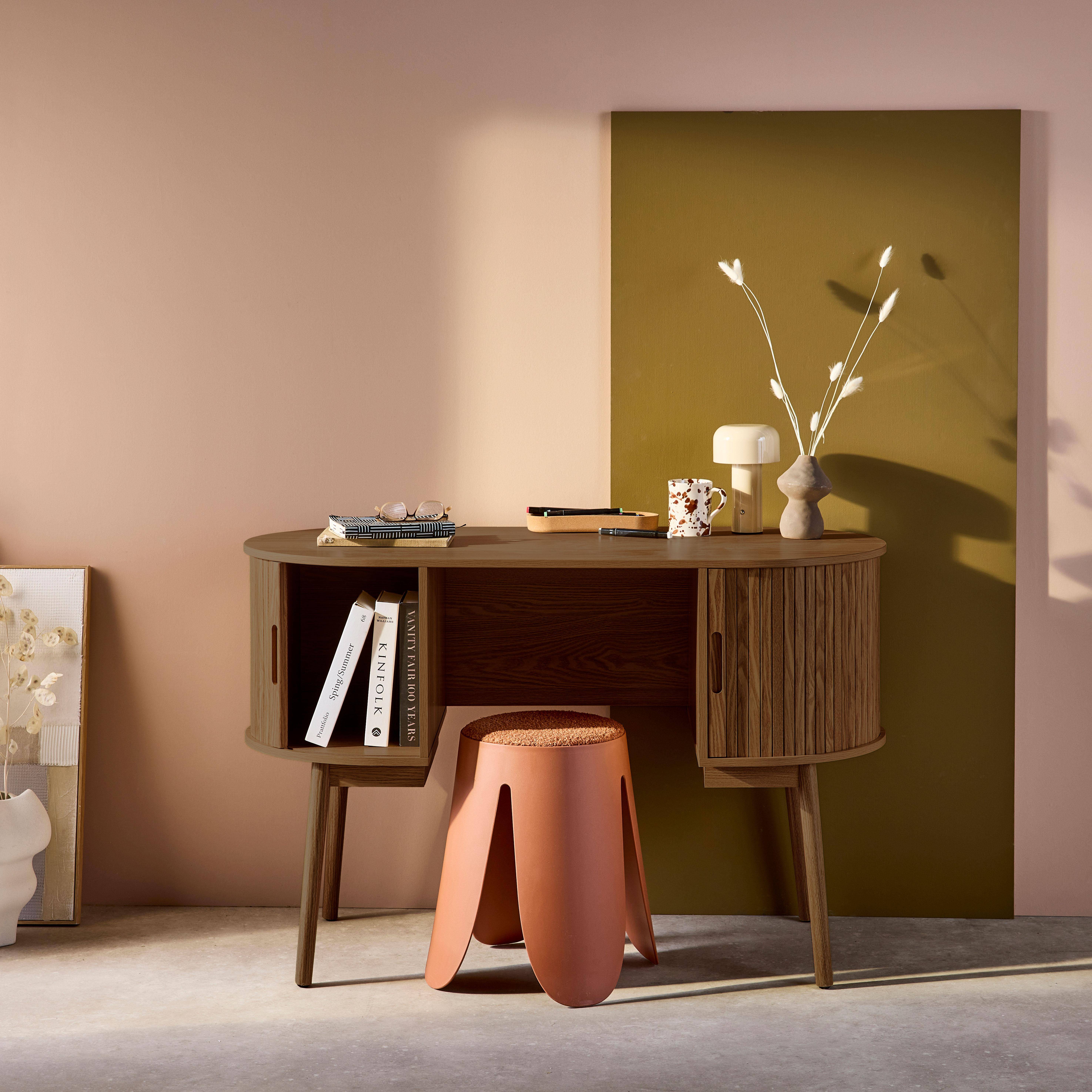 Bureau ovale décor bois rainuré avec deux espaces de rangement, L 120 x P 55 x H 77 cm,sweeek,Photo2