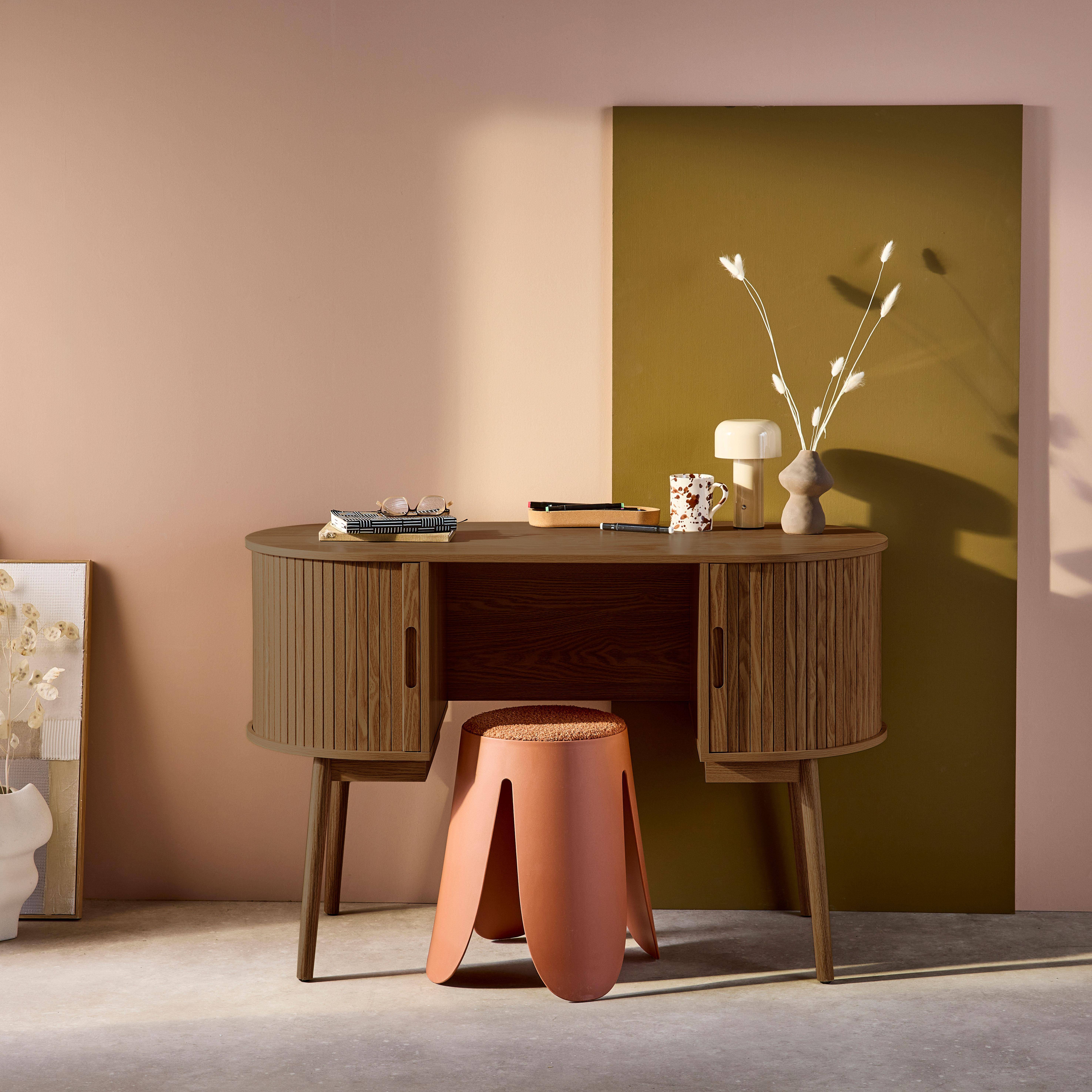 Bureau ovale décor bois rainuré avec deux espaces de rangement, L 120 x P 55 x H 77 cm Photo1