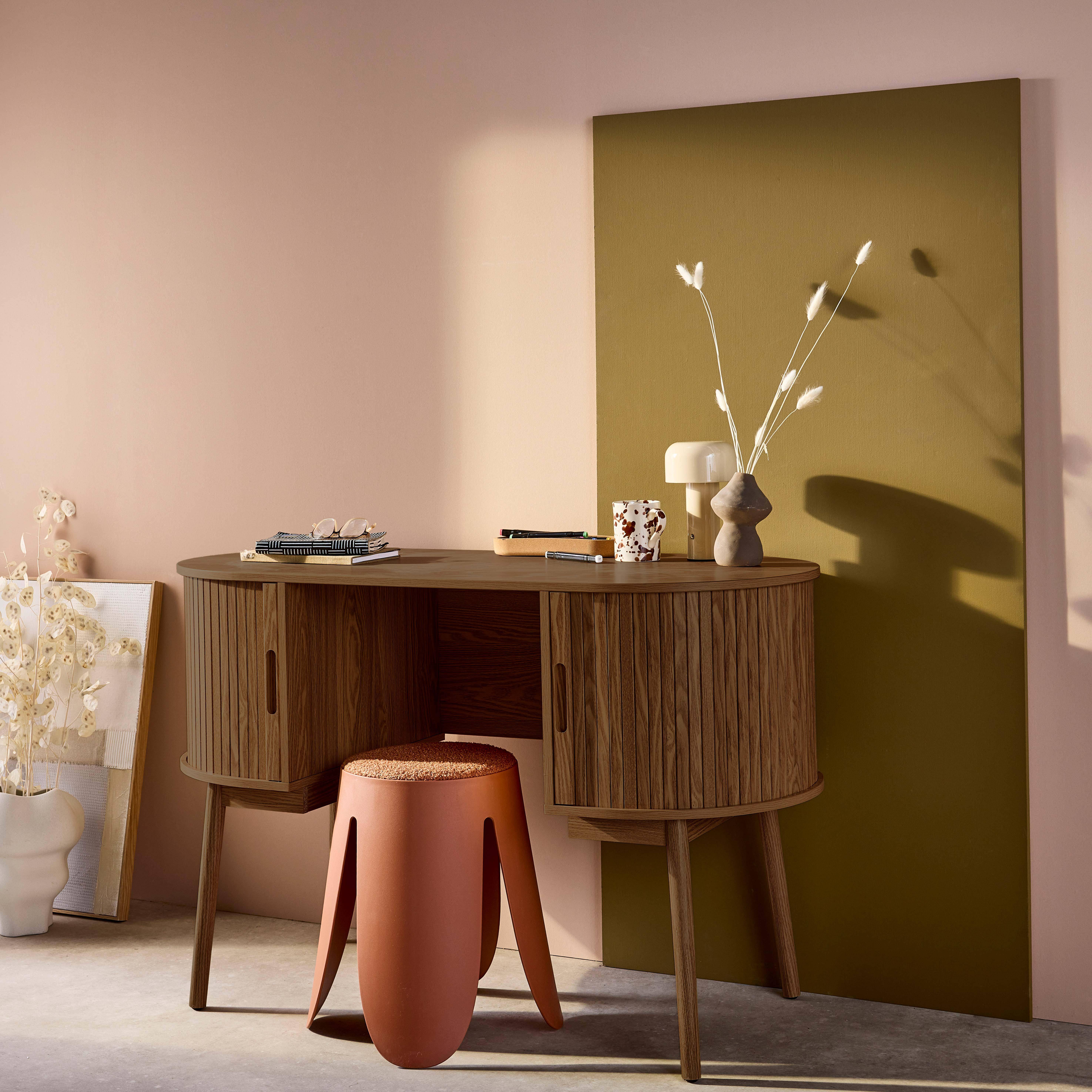 Bureau ovale décor bois rainuré avec deux espaces de rangement, L 120 x P 55 x H 77 cm,sweeek,Photo3