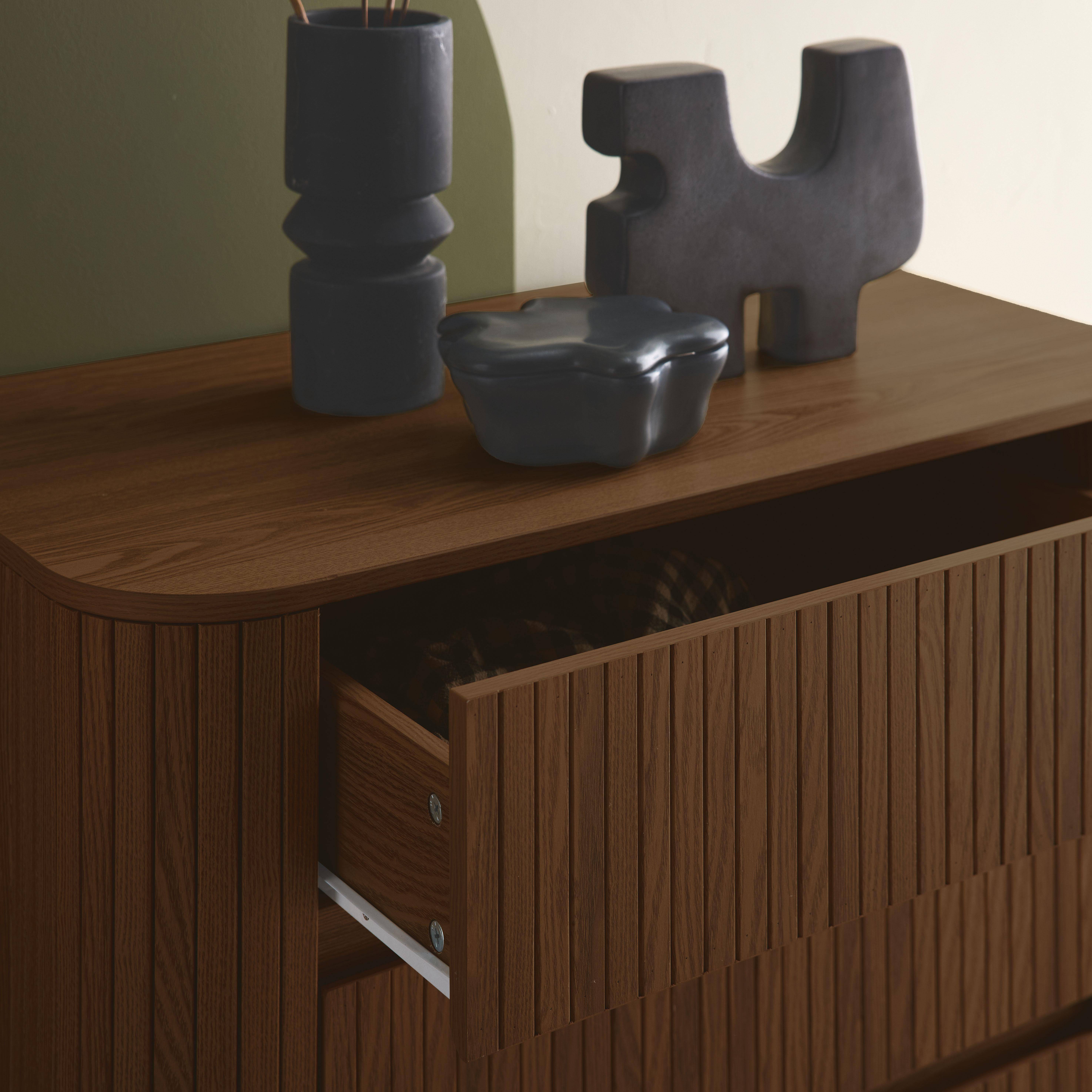 Commode 3 tiroirs, décor strié noyer, L 80x P 45  H 80cm Photo2