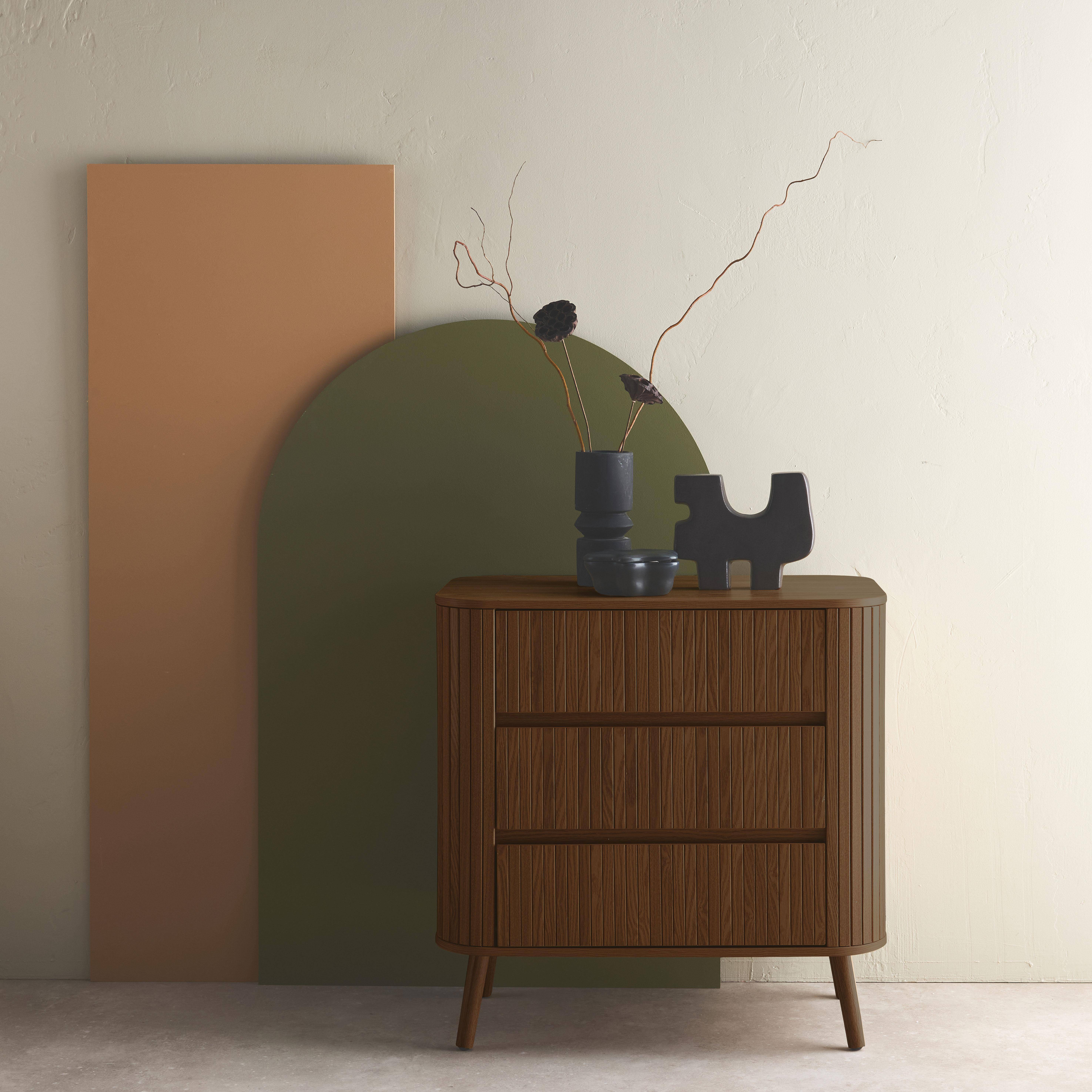 Commode 3 tiroirs, décor strié noyer, L 80x P 45  H 80cm,sweeek,Photo1