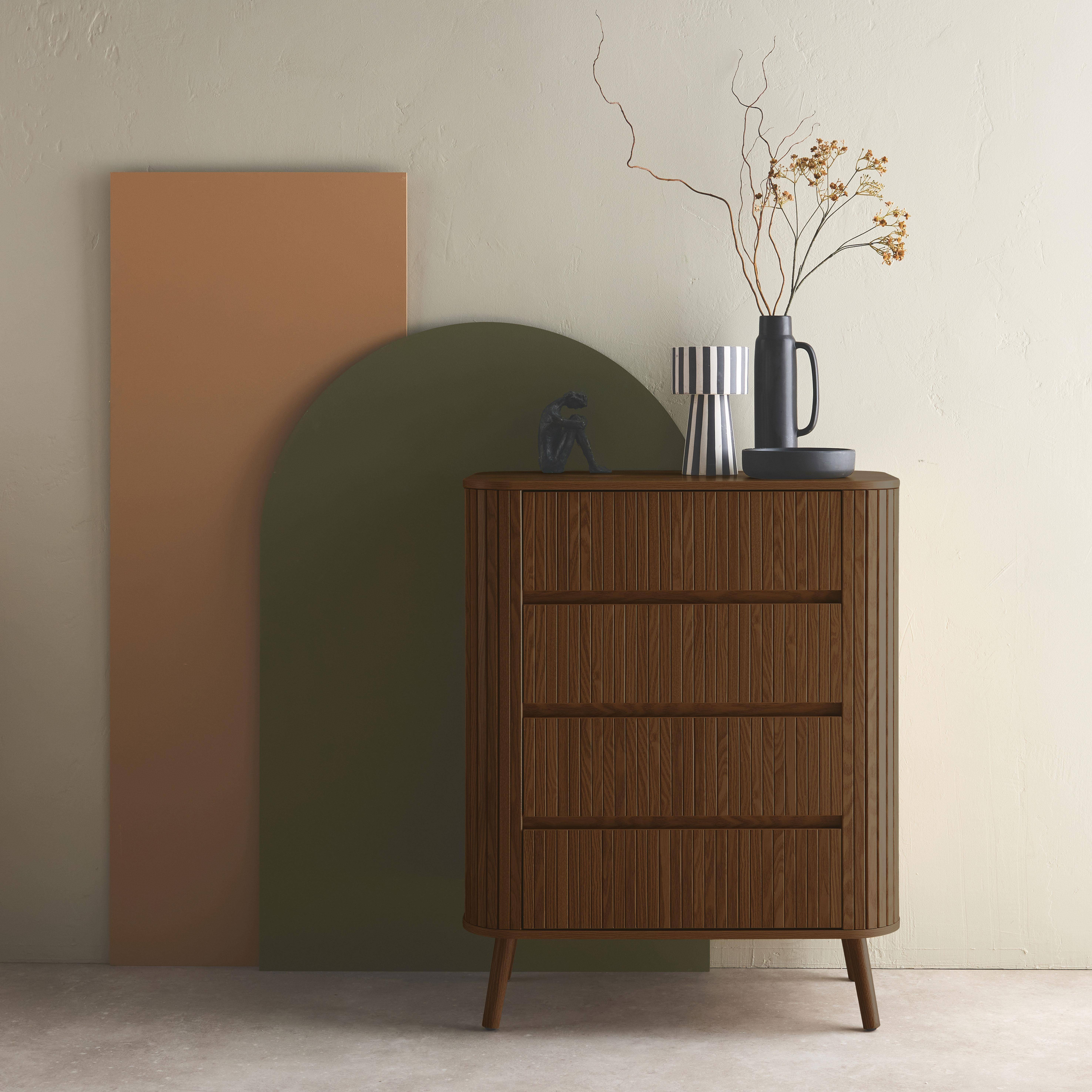 Kommode mit 4 Schubladen,  geriffelt mit Holzoptik, nussbaumfarben, B 80x T 45 H 100 cm - Legacy Photo1