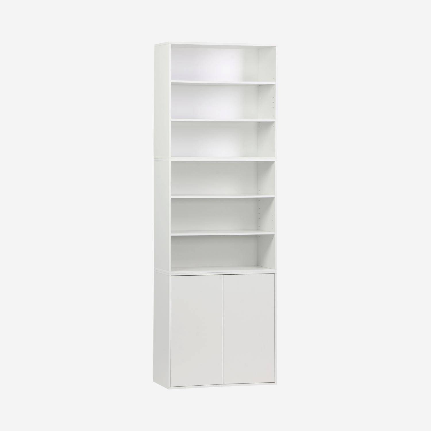 Etagère, bibliothèque modulable décor bois blanc 3 éléments - 2 portes 5 étagères L 70 x P 35 x H 210cm - Kompo  Photo1