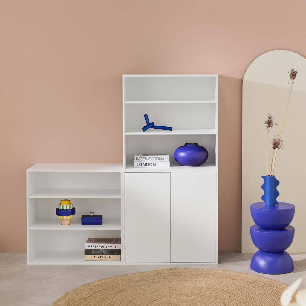 Etagère, bibliothèque modulable décor bois blanc 3 éléments - 2 portes 5 étagères L 70 x P 35 x H 210cm - Kompo  Photo2