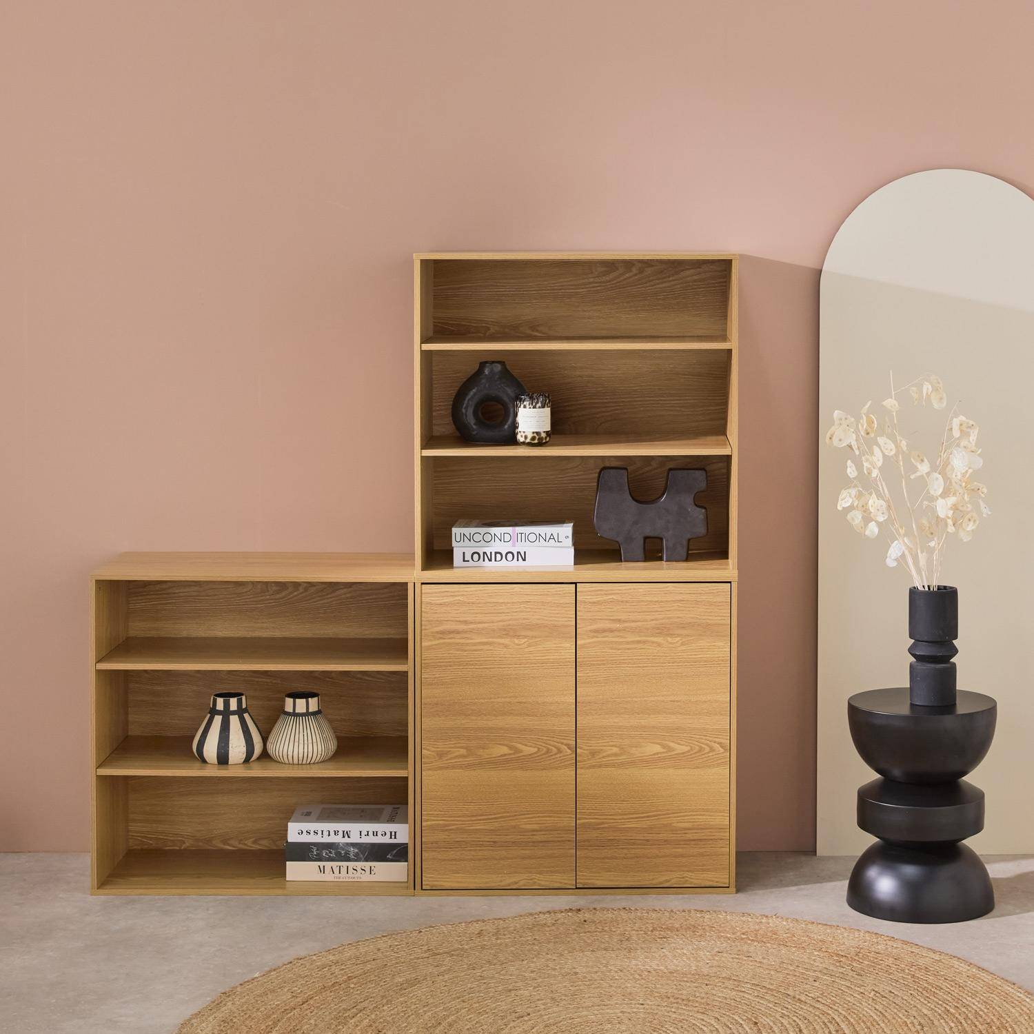 Modulares Regal eichenfarbenes Holzdekor 3 Elemente - 2 Türen 6 offene Fächer  B 70 x T 35 x H 210 cm - Kompo,sweeek,Photo2