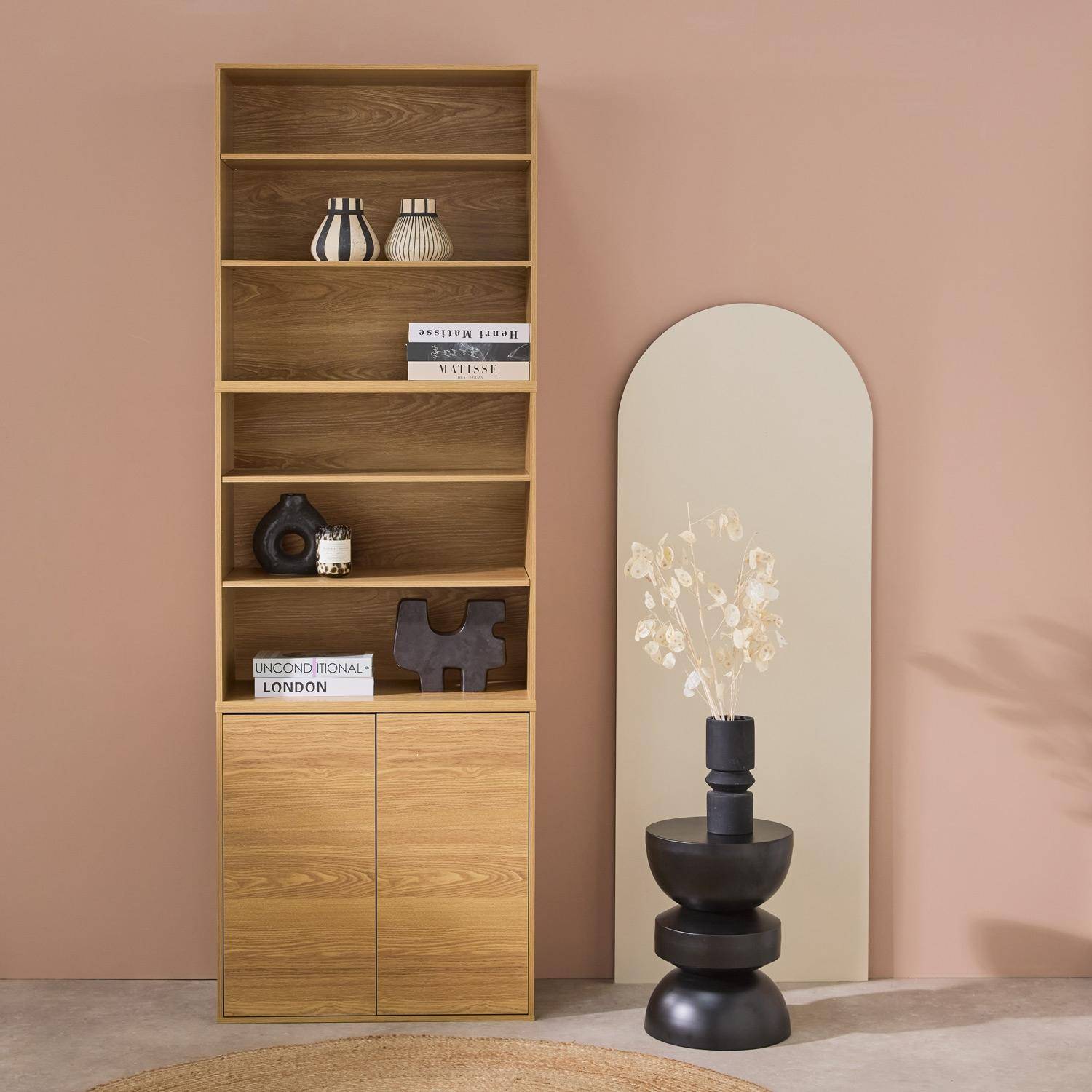 Modulares Regal eichenfarbenes Holzdekor 3 Elemente - 2 Türen 6 offene Fächer  B 70 x T 35 x H 210 cm - Kompo Photo1