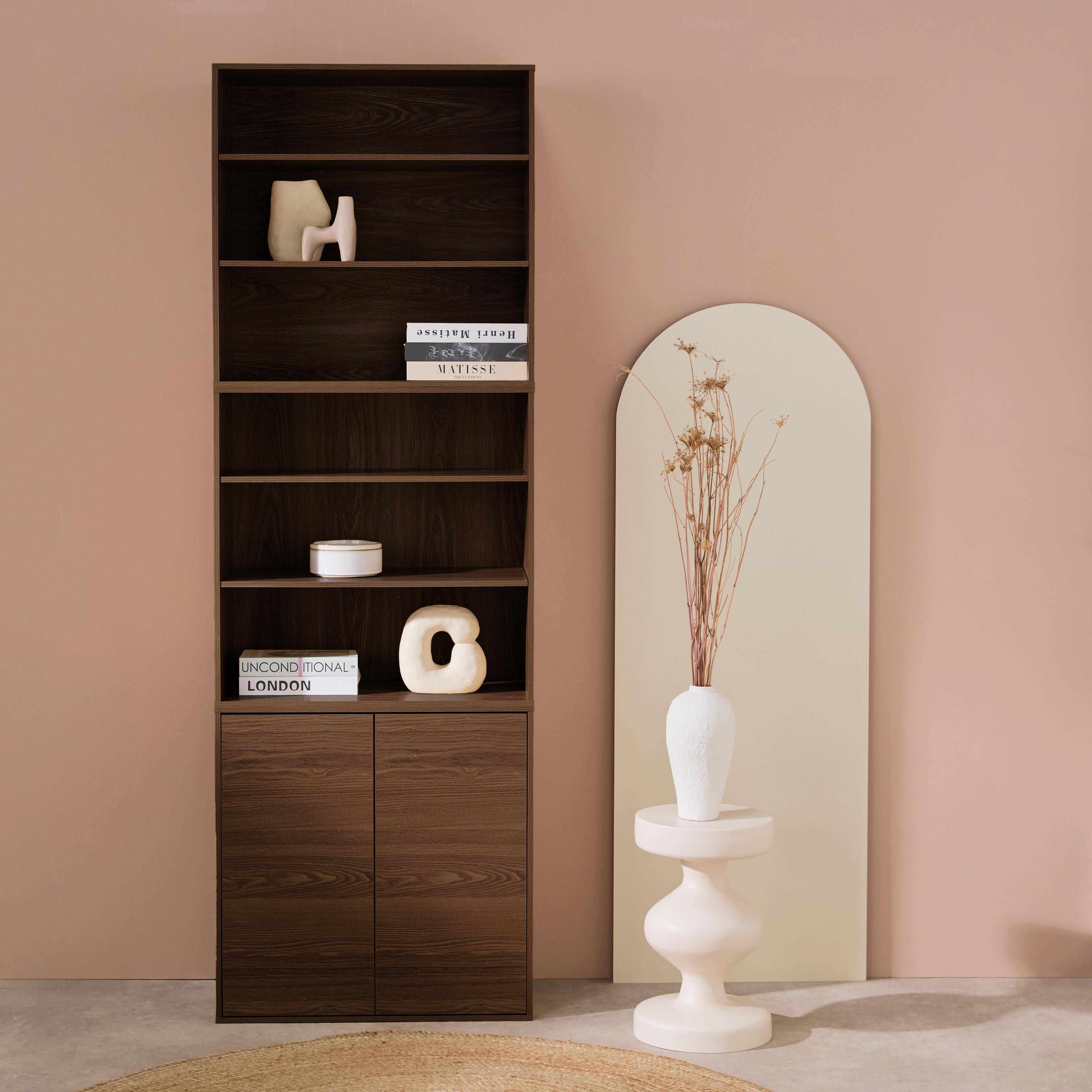 Estantería, biblioteca modular con 2 puertas y 5 estantes, Kompo, Madera de nogal, 70x35x210 cm Photo1