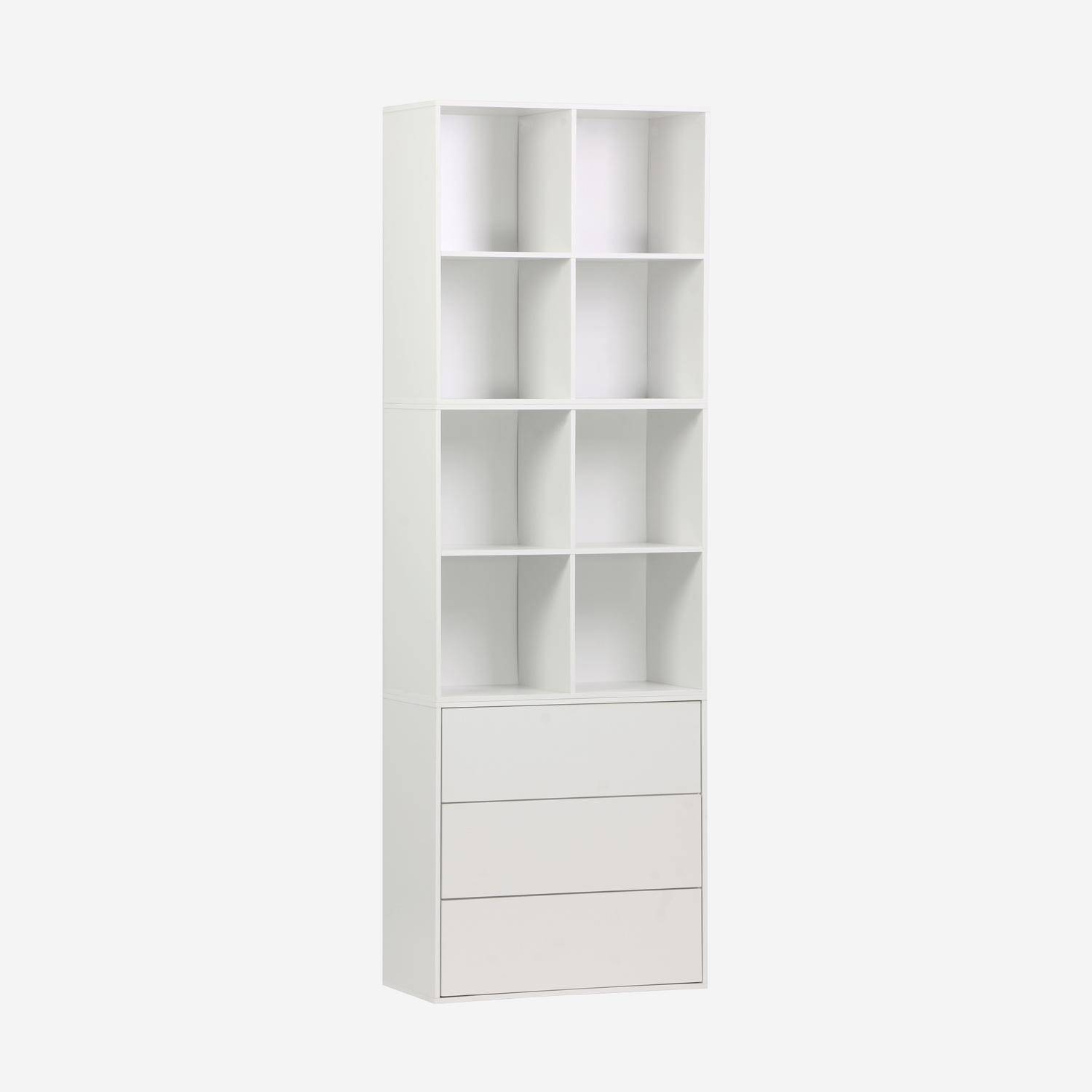 Etagère, bibliothèque modulable décor bois blanc 3 éléments - 3 tiroirs 8 niches L 70 x P 35 x H 210cm - Kompo  Photo1