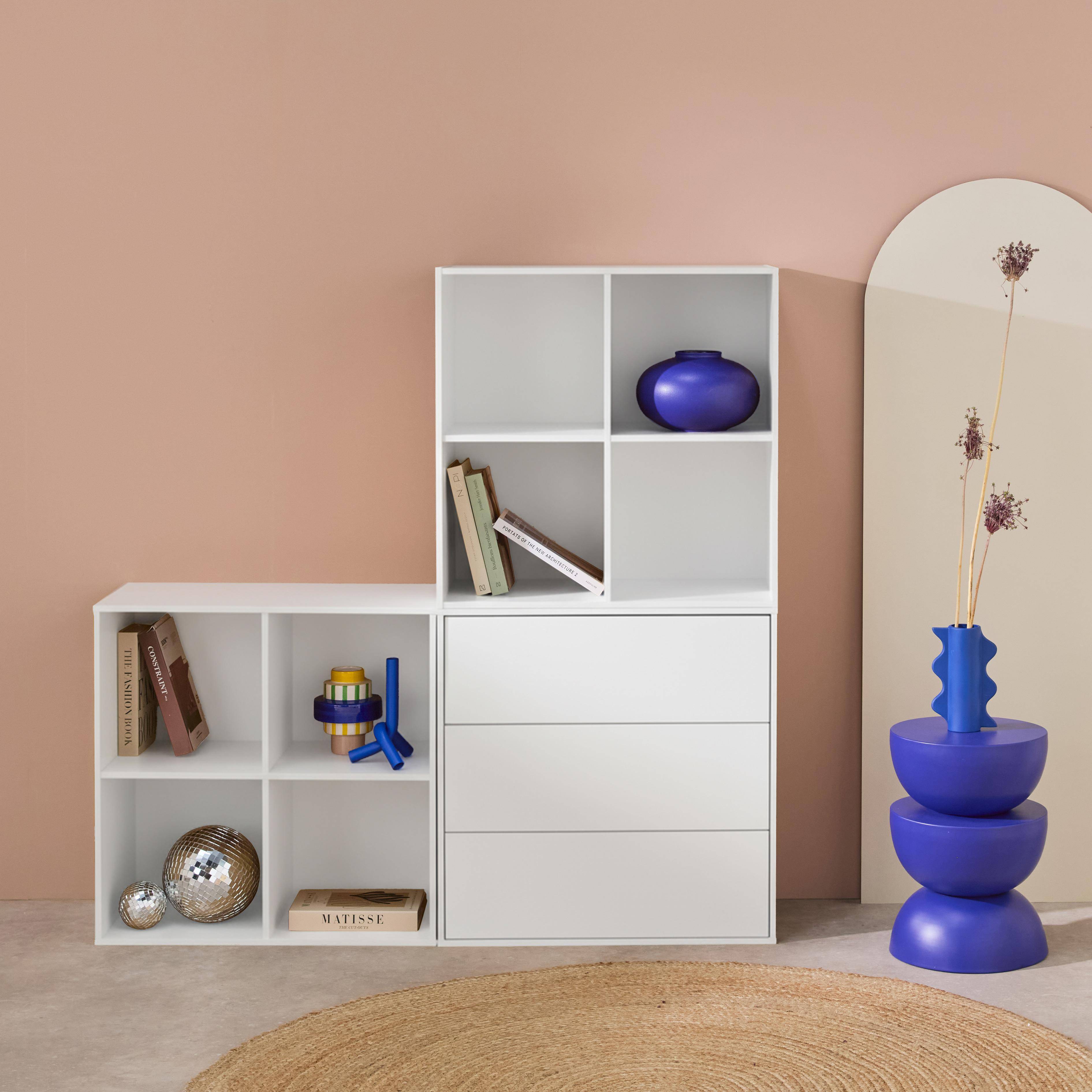 Mensola, libreria modulare decorazioni legno, 3 cassetti 8 vani, Kompo, Bianco, 70x35x70 cm Photo2