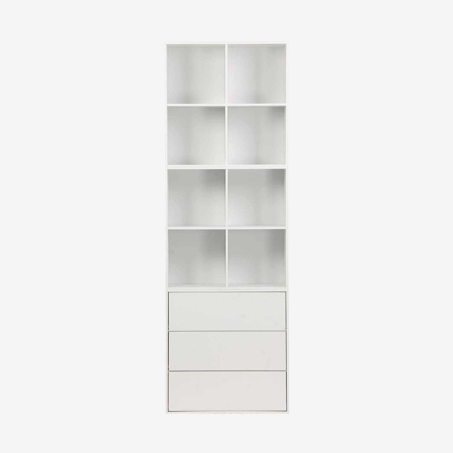 Etagère, bibliothèque modulable décor bois blanc 3 éléments - 3 tiroirs 8 niches L 70 x P 35 x H 210cm - Kompo  Photo3