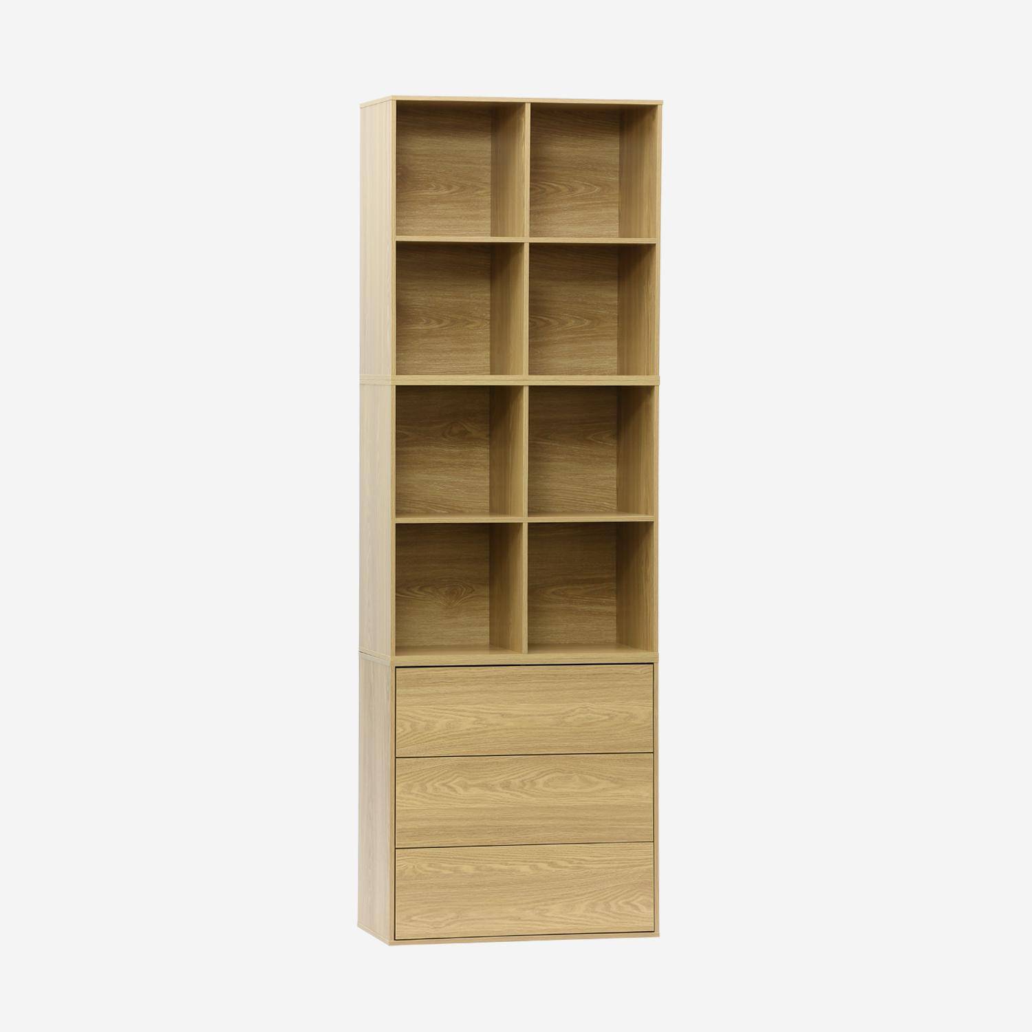 Etagère, bibliothèque modulable décor bois chêne 3 éléments - 3 tiroirs 8 niches L 70 x P 35 x H 210cm - Kompo  Photo1