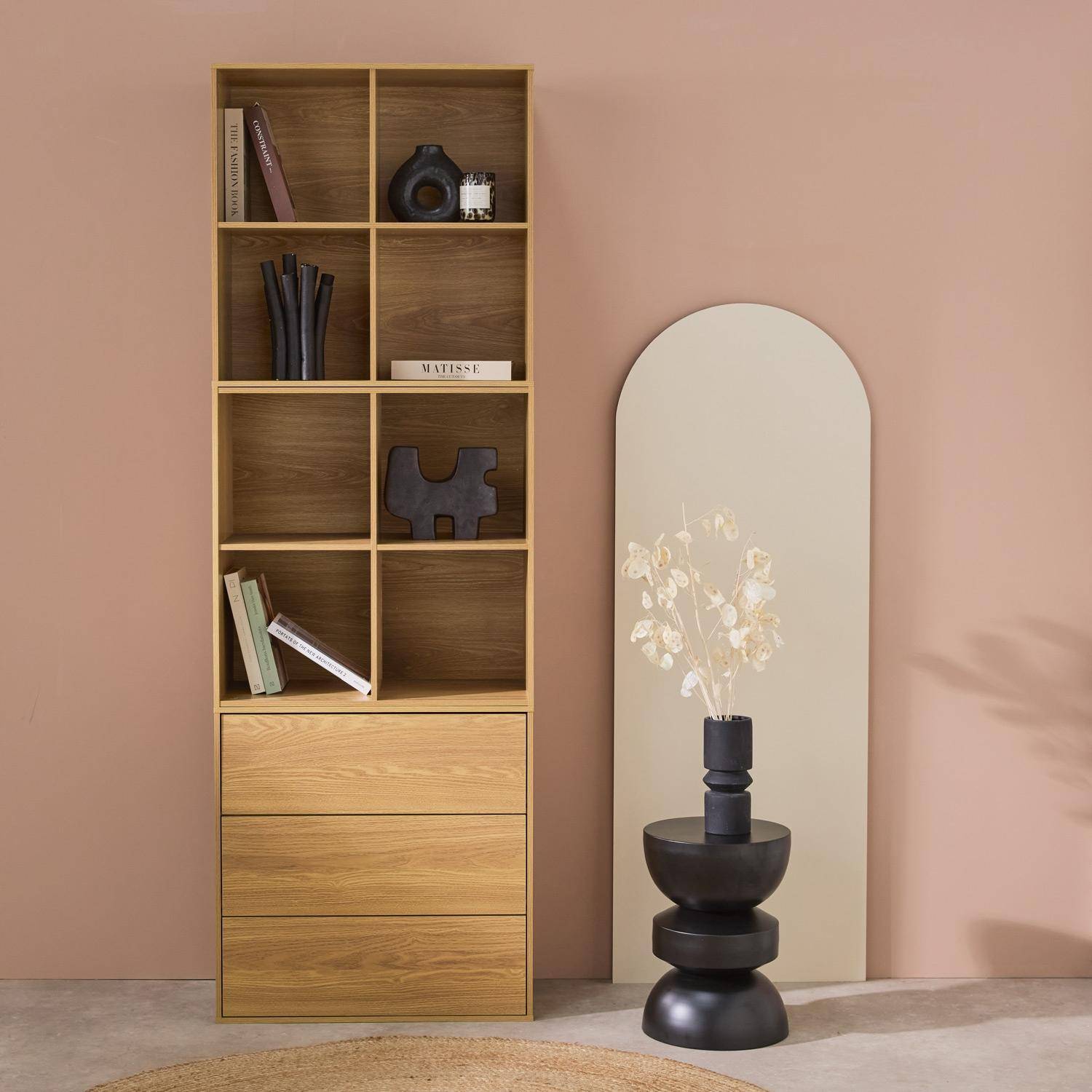 Modulares Regal eichenfarbenes Holzdekor 3 Elemente - 3 Schubladen 8 Fächer  B 70 x T 35 x H 210cm - Kompo Photo1