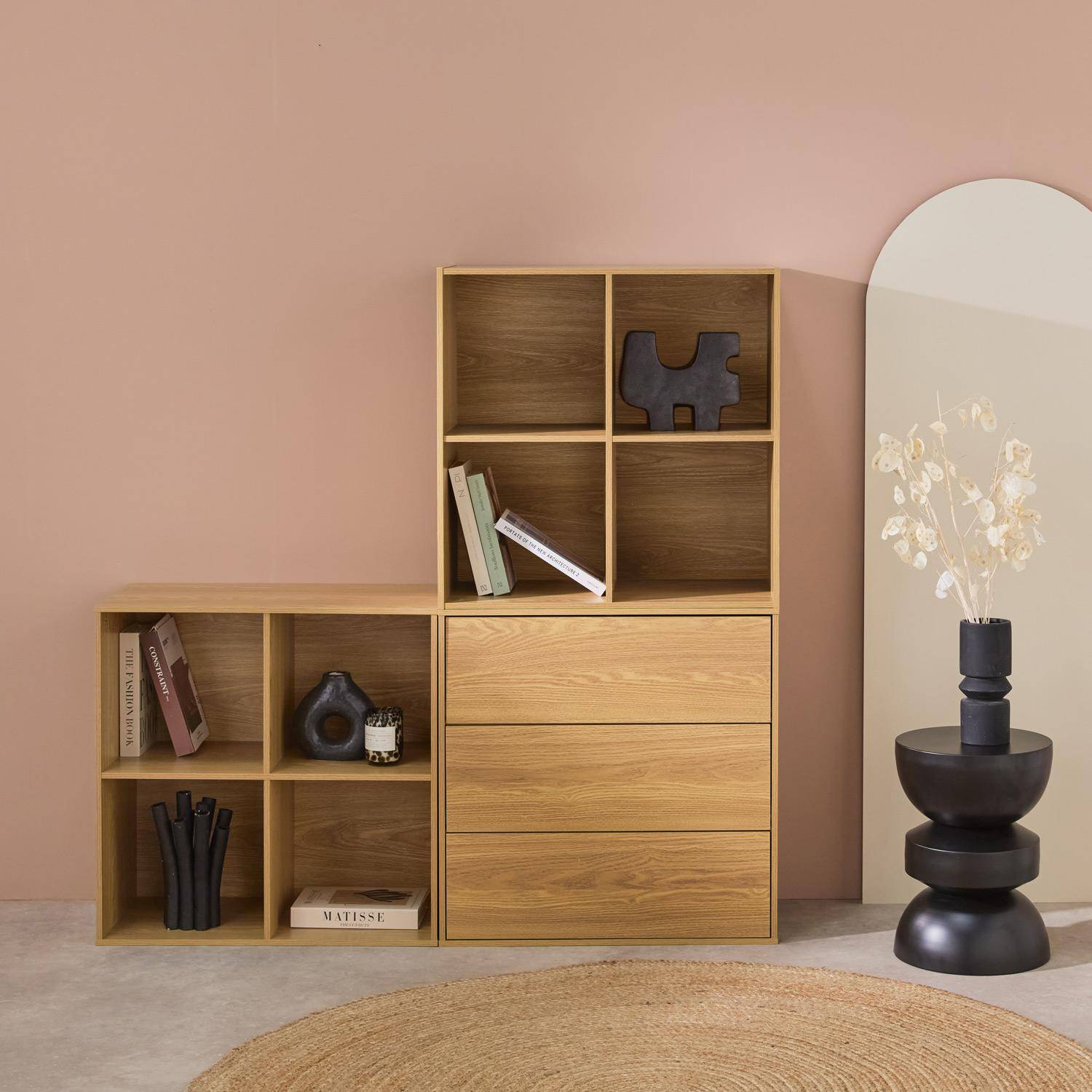 Shelf, modular bookcase with oak wood decor, 3 elements, 3 drawers, 8 niches, L 70 x P 35 x H 210cm, Kompo Photo2