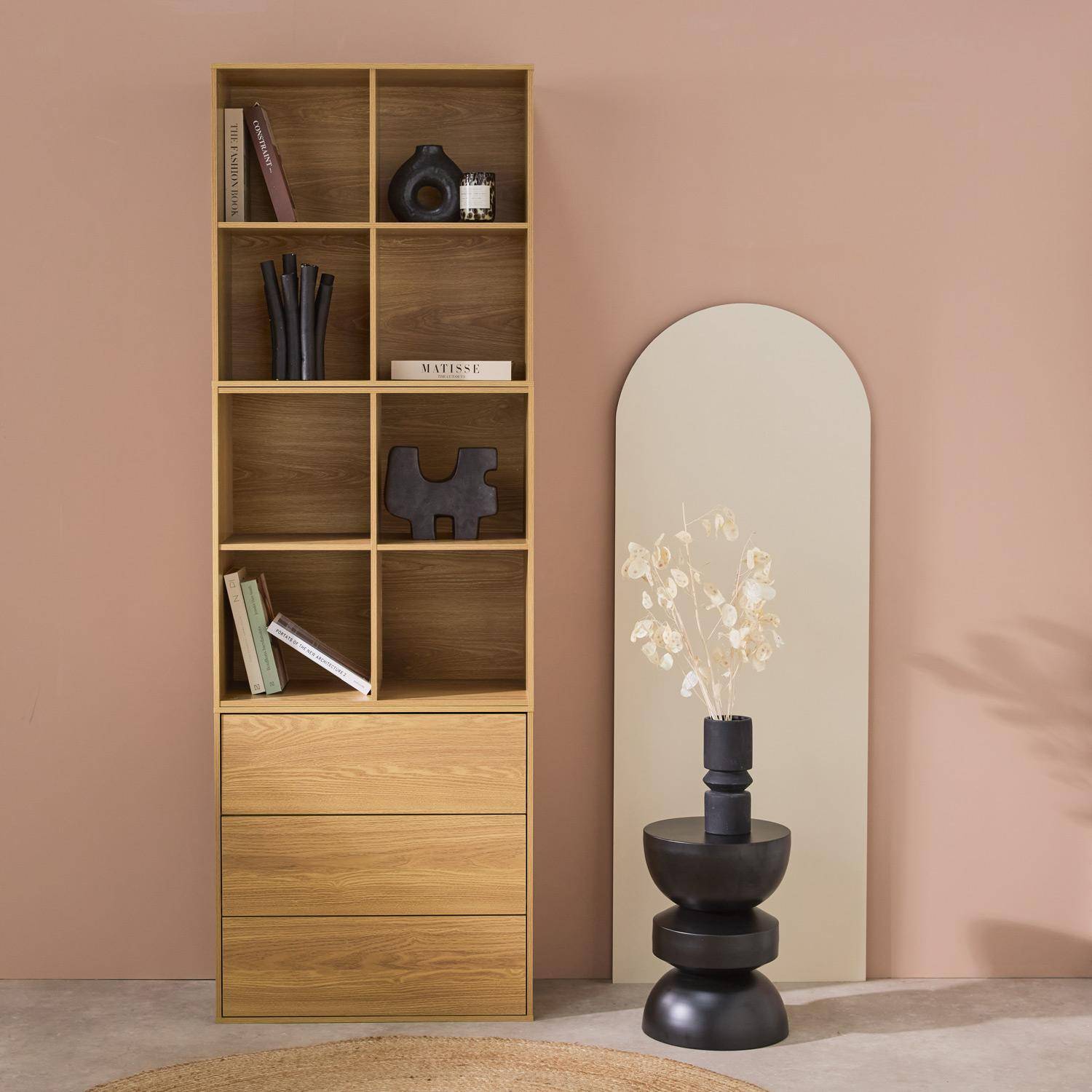 Shelf, modular bookcase with oak wood decor, 3 elements, 3 drawers, 8 niches, L 70 x P 35 x H 210cm, Kompo Photo1