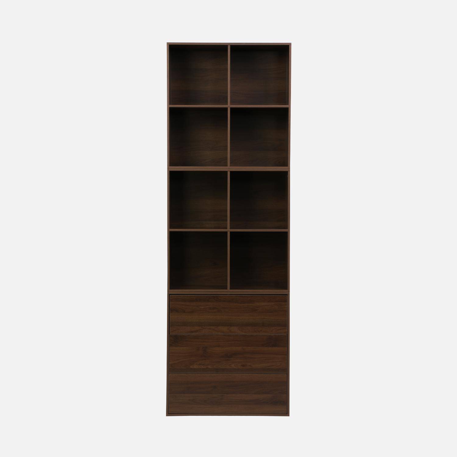 Etagère, bibliothèque modulable décor bois noyer 3 éléments - 3 tiroirs 8 niches L 70 x P 35 x H 210cm - Kompo  Photo3