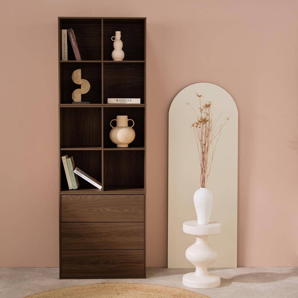 Boekenkast, modulaire opbergmodule houtdecor walnoot 3 elementen - 3 lades 8 vakken L 70 x B 35 x H 210cm - Kompo,sweeek,Photo1