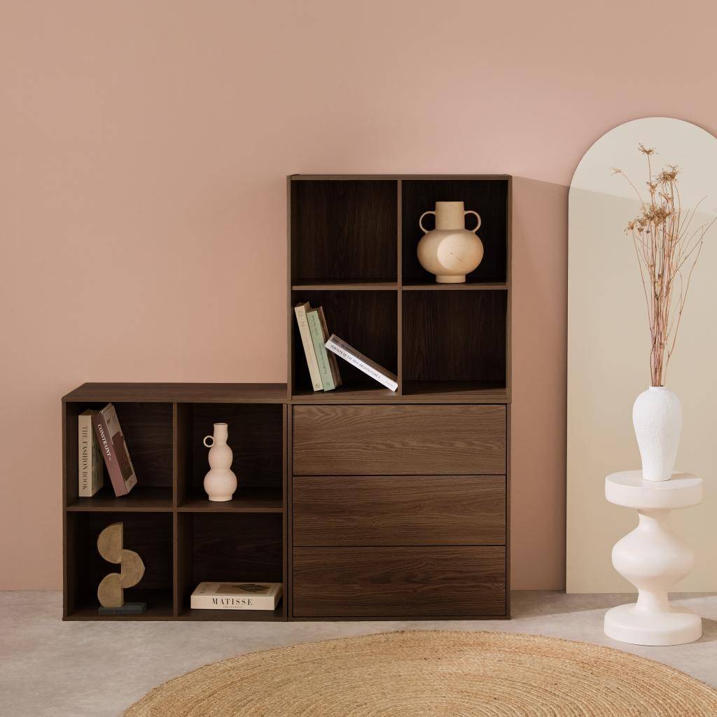 Boekenkast, modulaire opbergmodule houtdecor walnoot 3 elementen - 3 lades 8 vakken L 70 x B 35 x H 210cm - Kompo,sweeek,Photo2