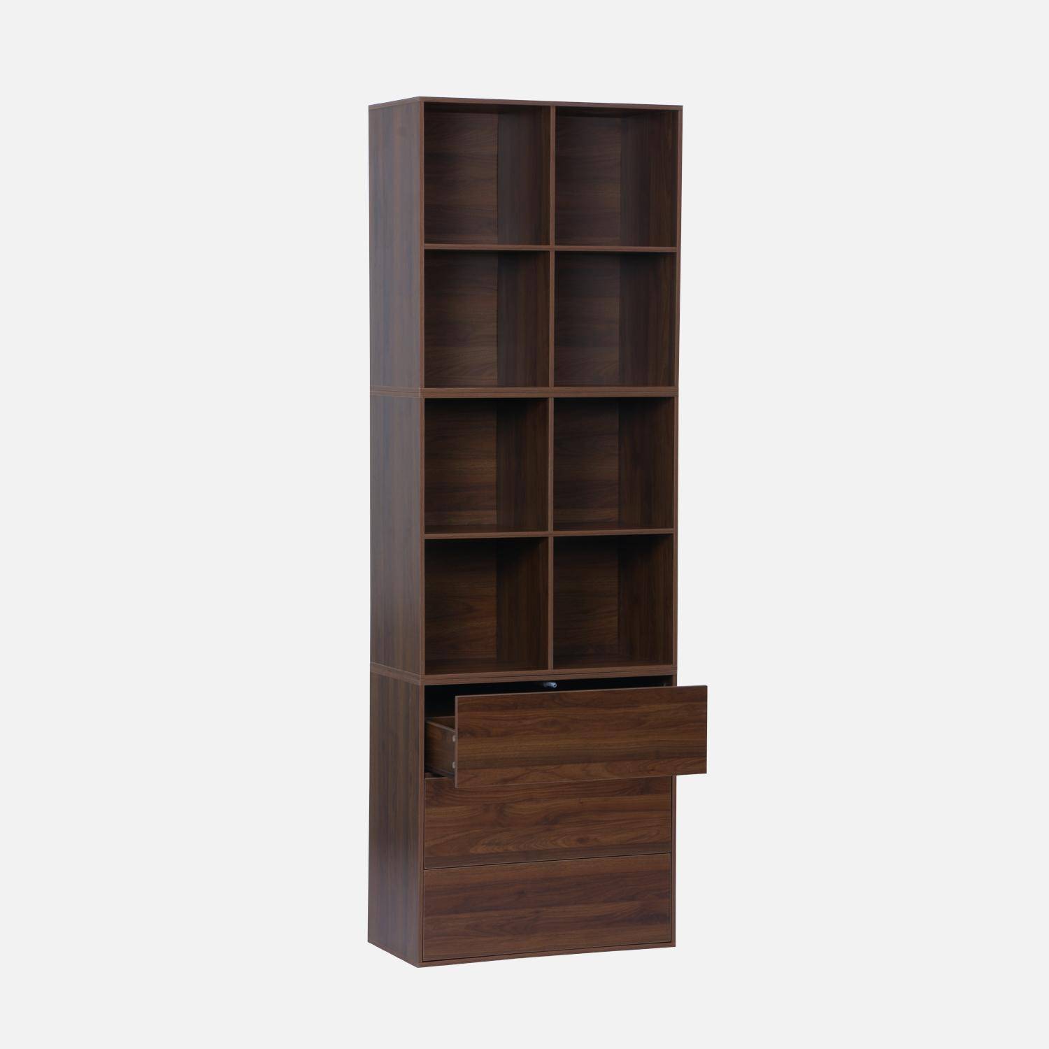 Boekenkast, modulaire opbergmodule houtdecor walnoot 3 elementen - 3 lades 8 vakken L 70 x B 35 x H 210cm - Kompo Photo4